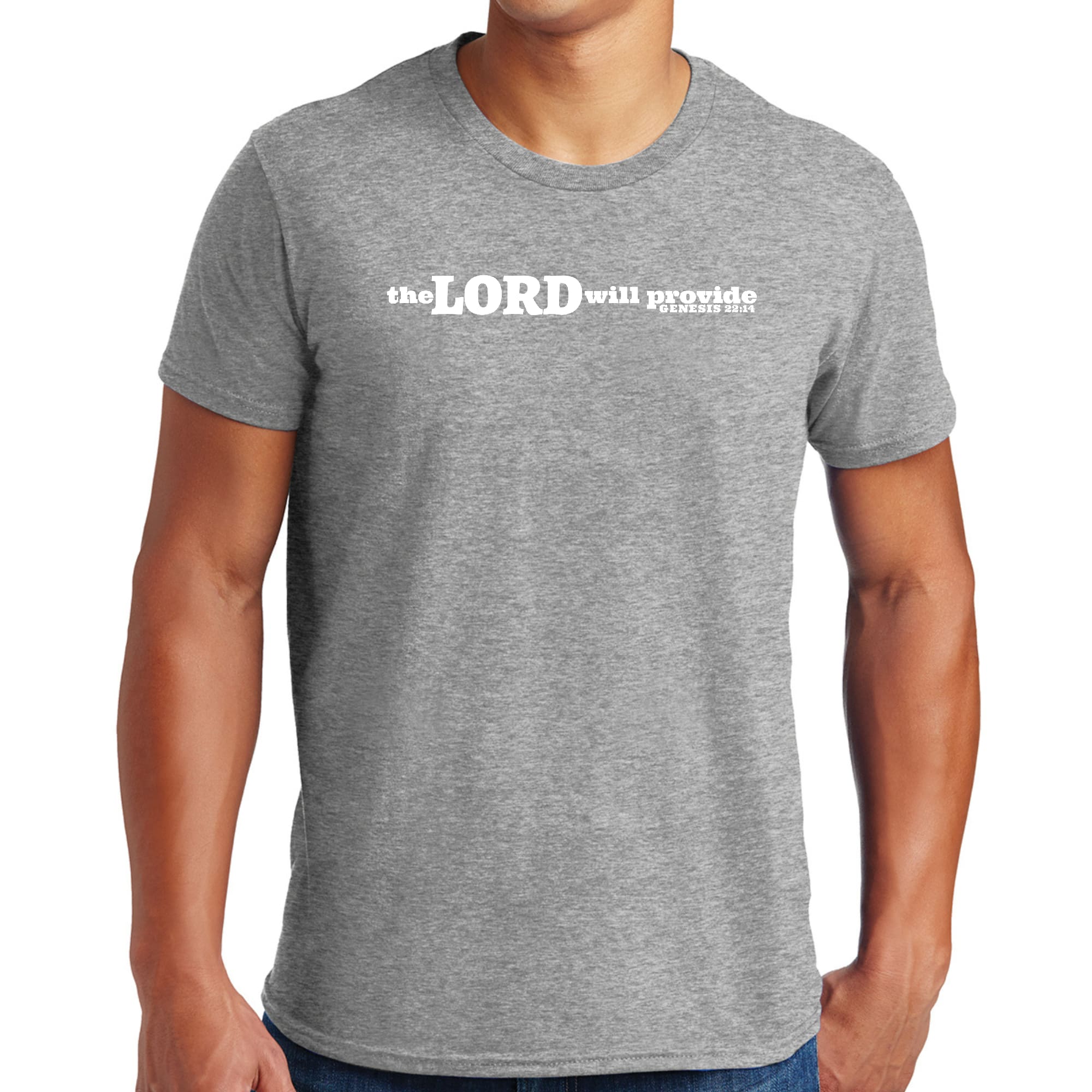 Men's Graphic T-shirt in black featuring 'The Lord Will Provide' print from Genesis 22:14, made from soft preshrunk cotton.