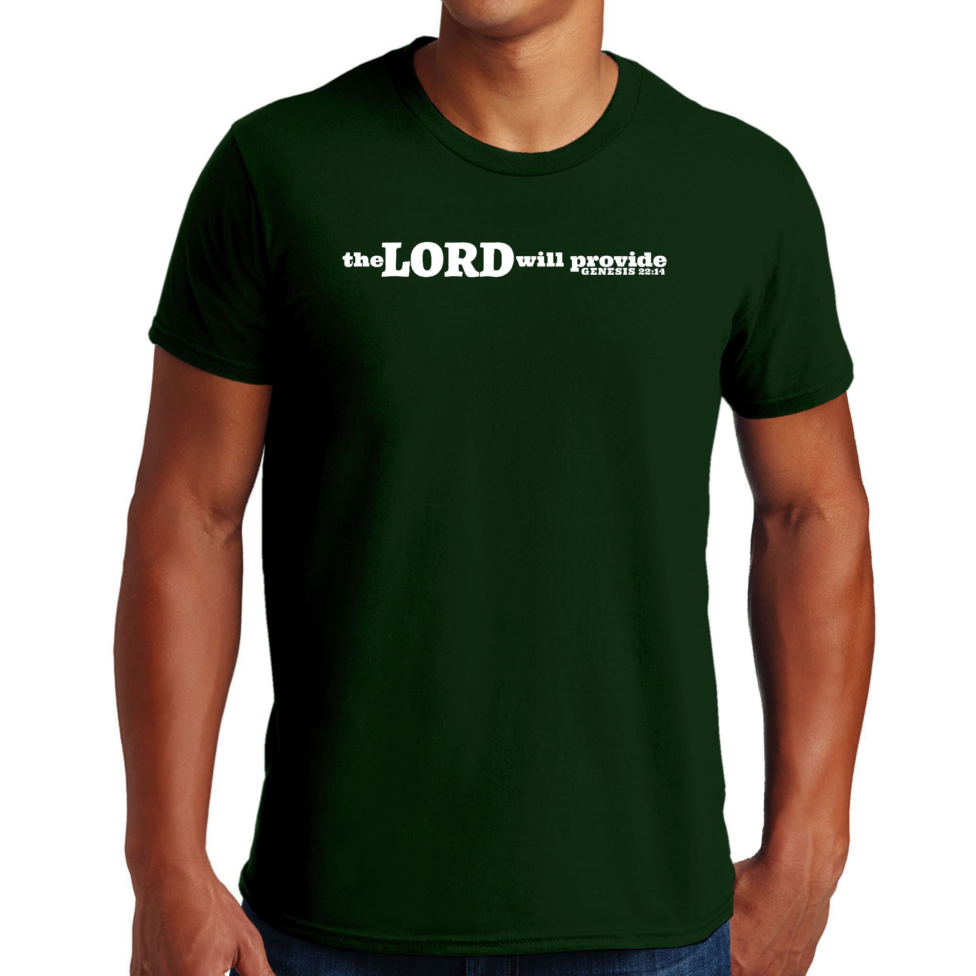 Men's Graphic T-shirt in black featuring 'The Lord Will Provide' print from Genesis 22:14, made from soft preshrunk cotton.