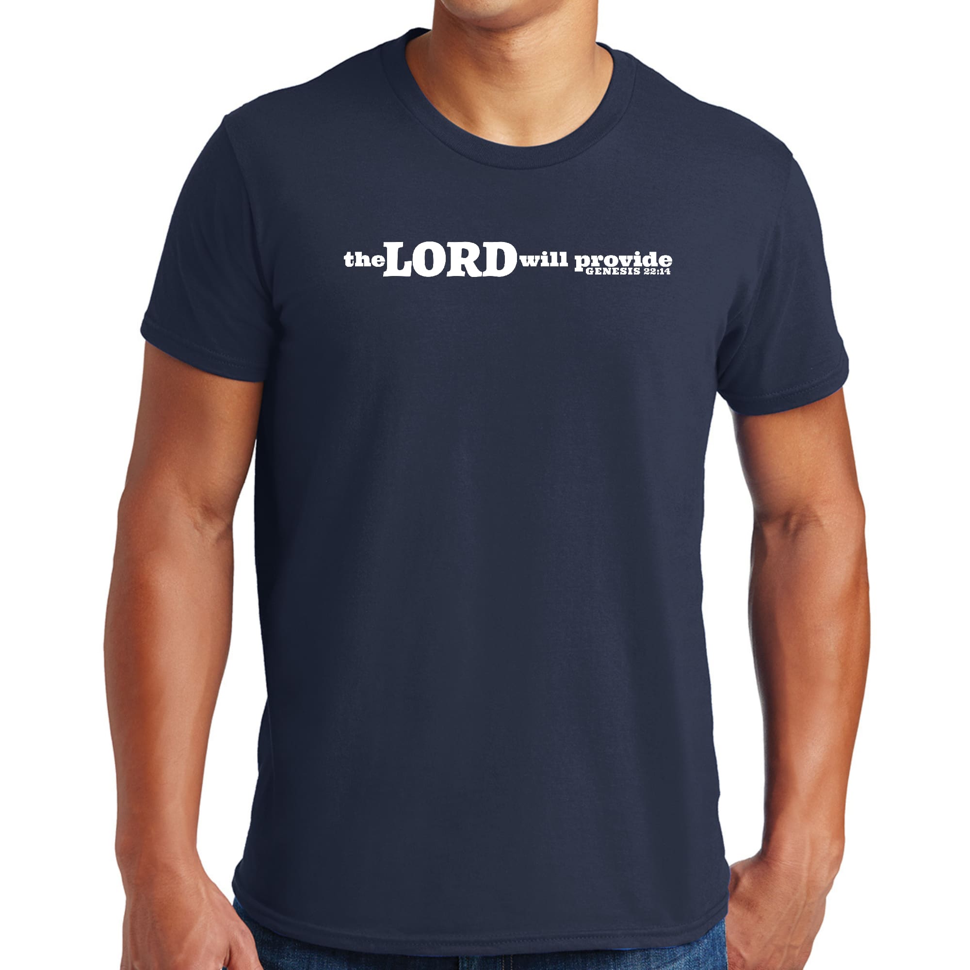 Men's Graphic T-shirt in black featuring 'The Lord Will Provide' print from Genesis 22:14, made from soft preshrunk cotton.