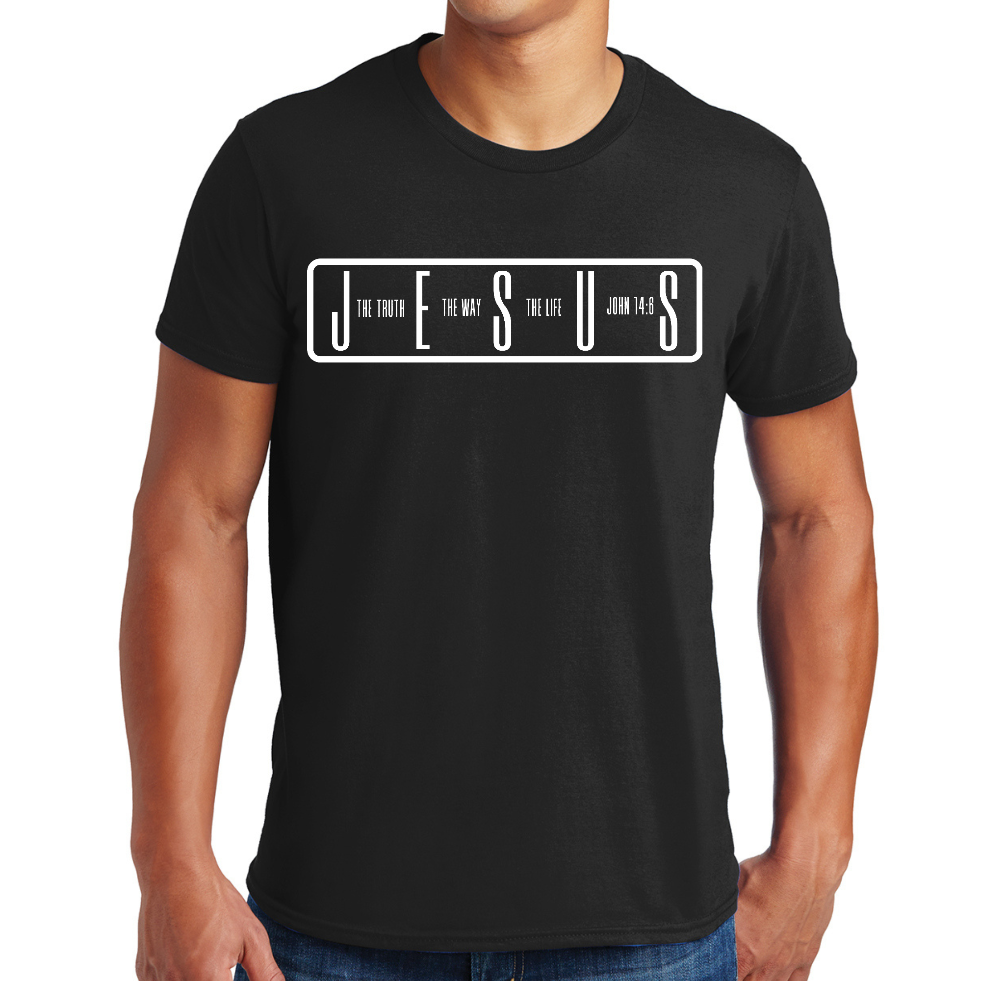 Men's Graphic T-shirt featuring the Bible verse 'The Truth The Way The Life' in a stylish design, made from soft preshrunk cotton.
