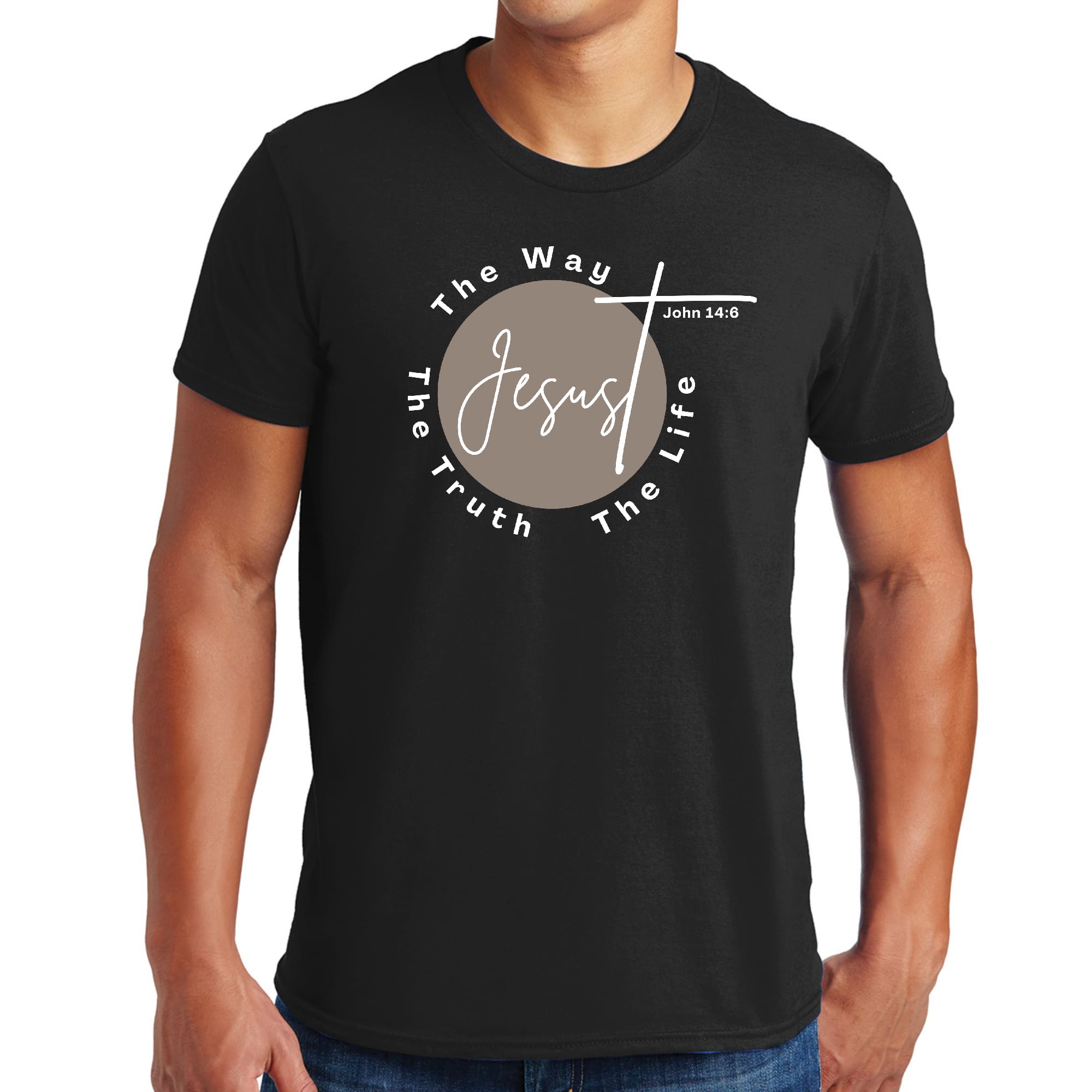 Men's Graphic T-shirt in black featuring 'The Truth The Way The Life' design in brown and white, made from soft preshrunk cotton.
