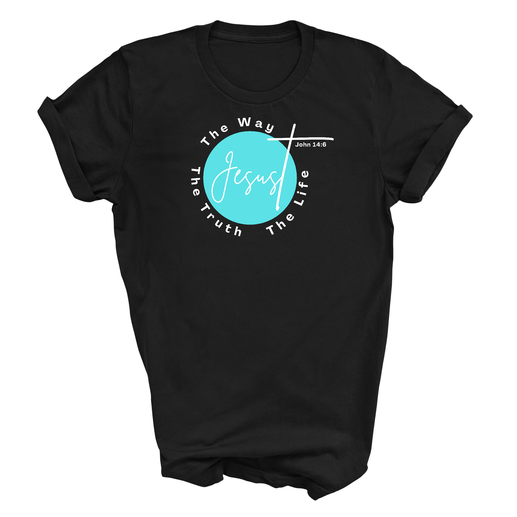 Men's Graphic T-shirt in black featuring 'The Truth The Way The Life' in cyan blue and white, made from soft preshrunk cotton.