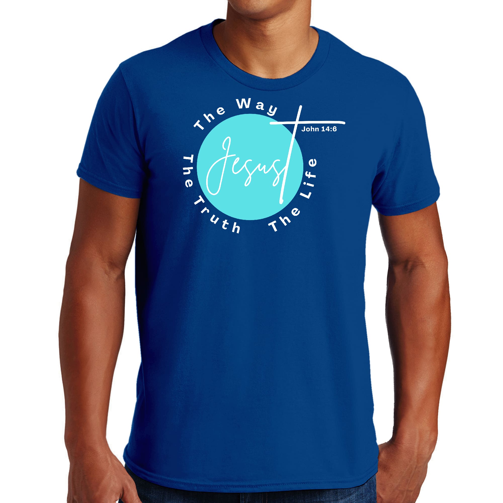 Men's Graphic T-shirt in black featuring 'The Truth The Way The Life' in cyan blue and white, made from soft preshrunk cotton.