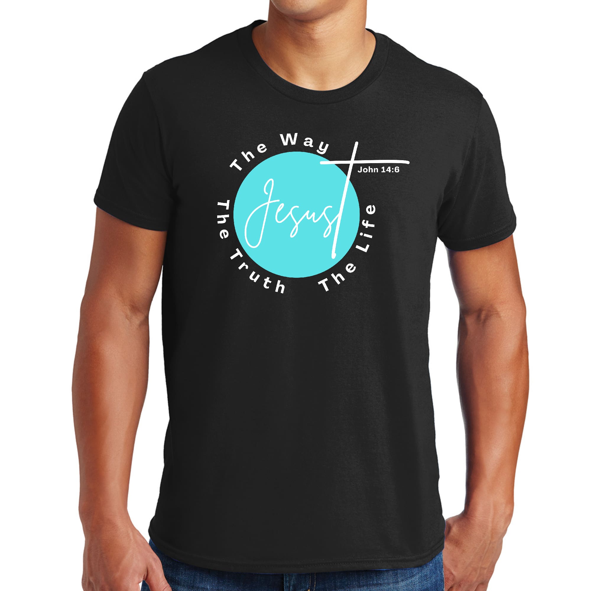 Men's Graphic T-shirt in black featuring 'The Truth The Way The Life' in cyan blue and white, made from soft preshrunk cotton.