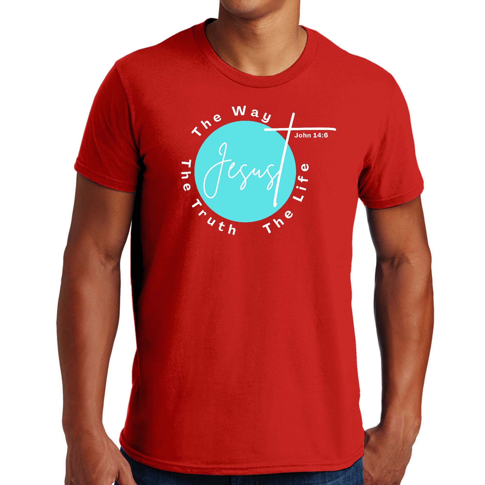 Men's Graphic T-shirt in black featuring 'The Truth The Way The Life' in cyan blue and white, made from soft preshrunk cotton.