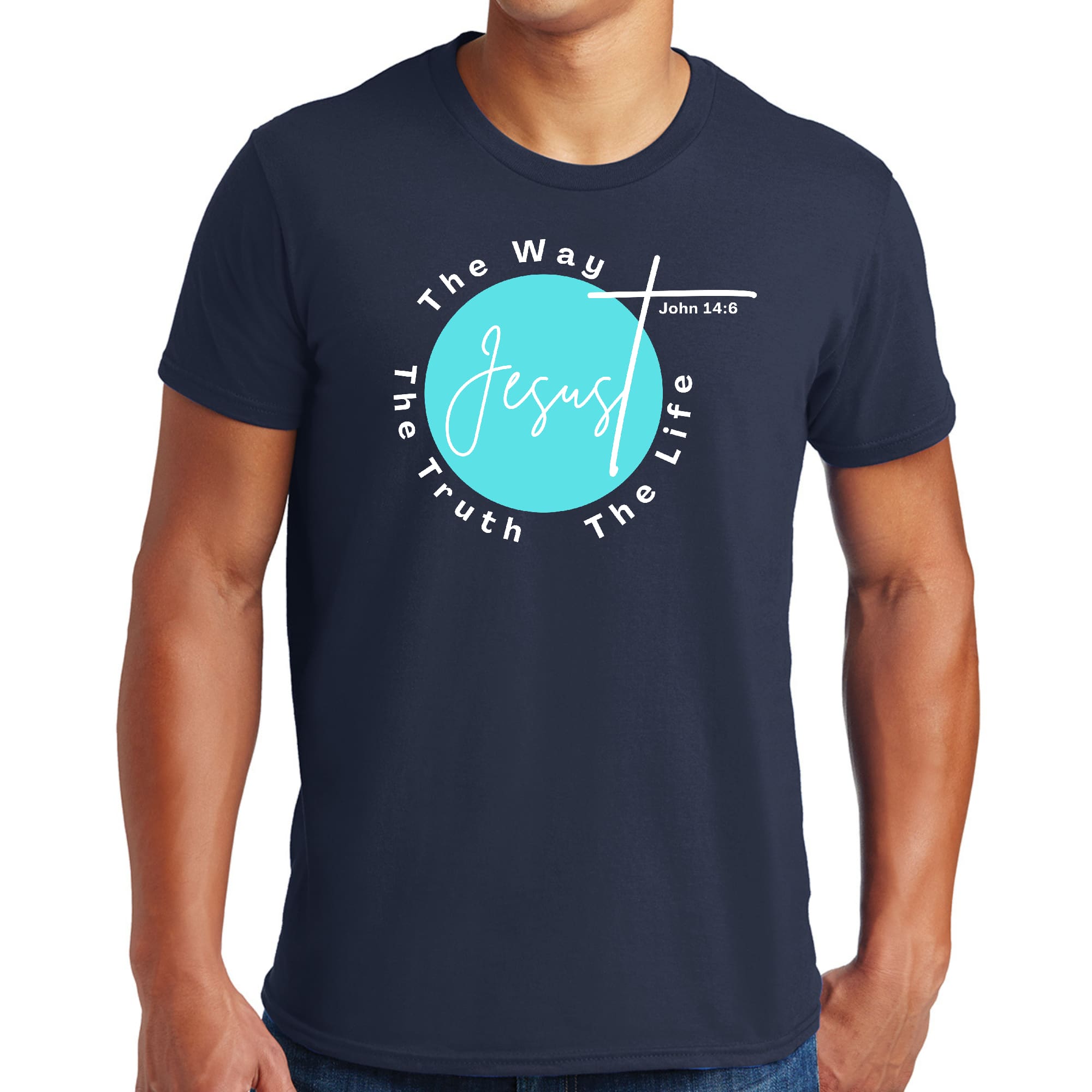 Men's Graphic T-shirt in black featuring 'The Truth The Way The Life' in cyan blue and white, made from soft preshrunk cotton.