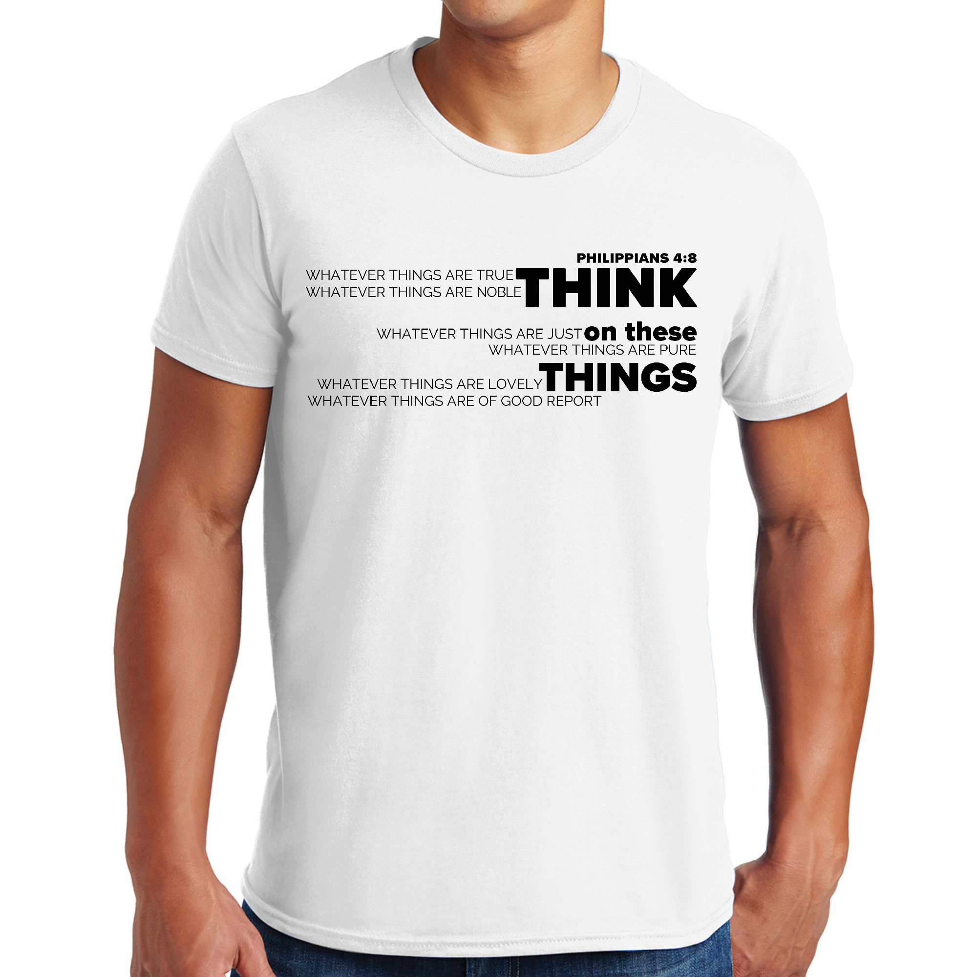 Men's Graphic T-shirt featuring 'Think on these Things' black illustration, made from soft preshrunk cotton with a classic fit.