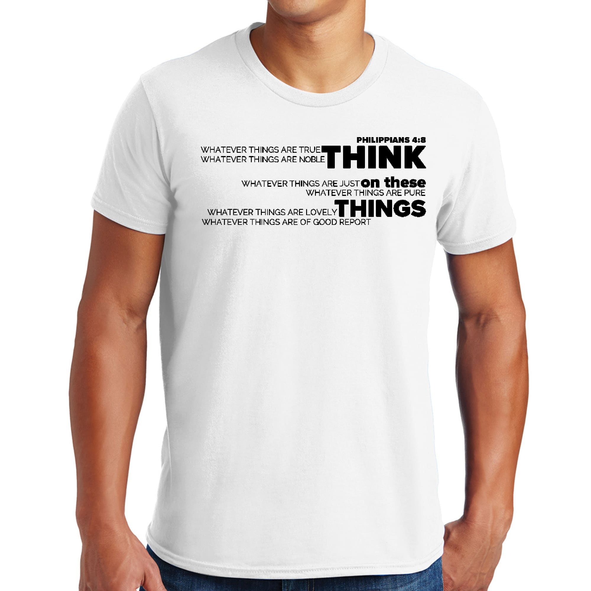 Men's Graphic T-shirt featuring 'Think on these Things' black illustration, made from soft preshrunk cotton with a classic fit.