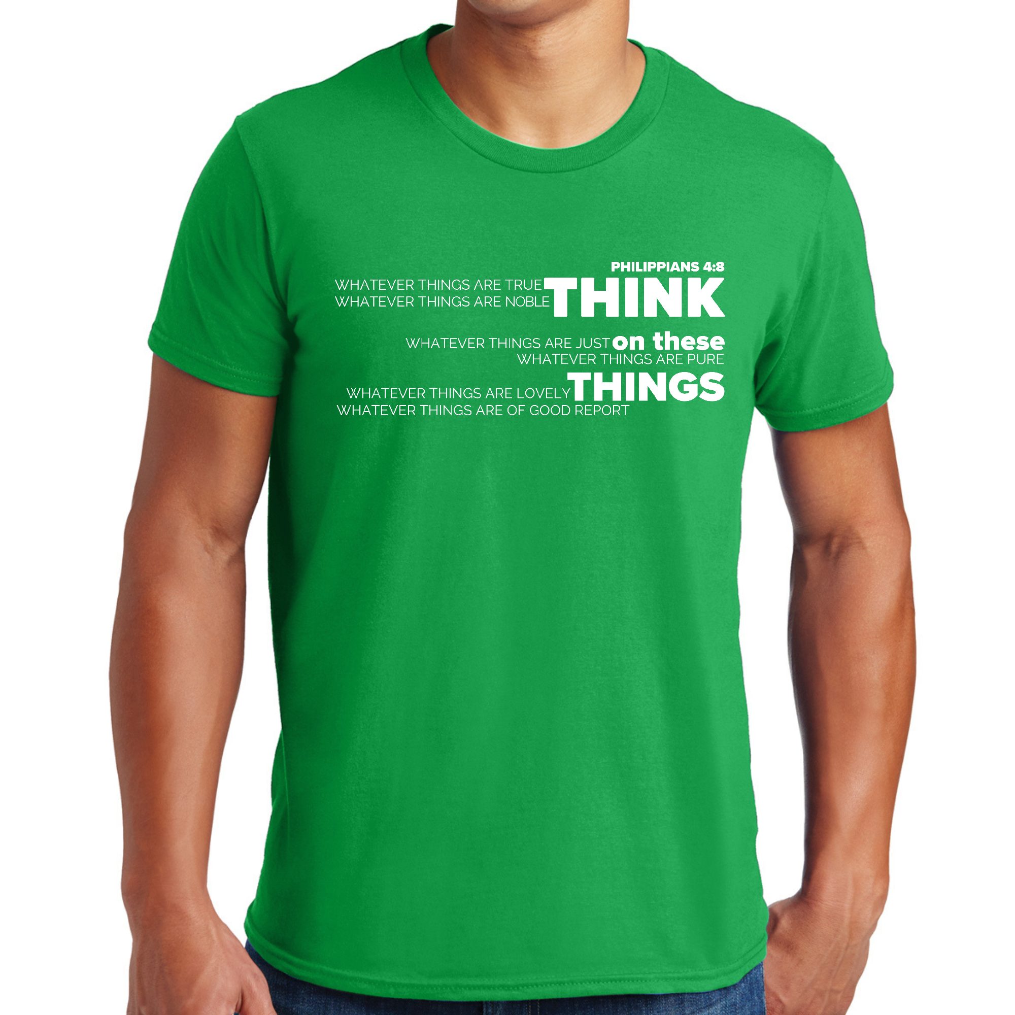 Men's Graphic T-shirt featuring the 'Think On These Things' scripture quote, made from soft preshrunk cotton with a classic fit.