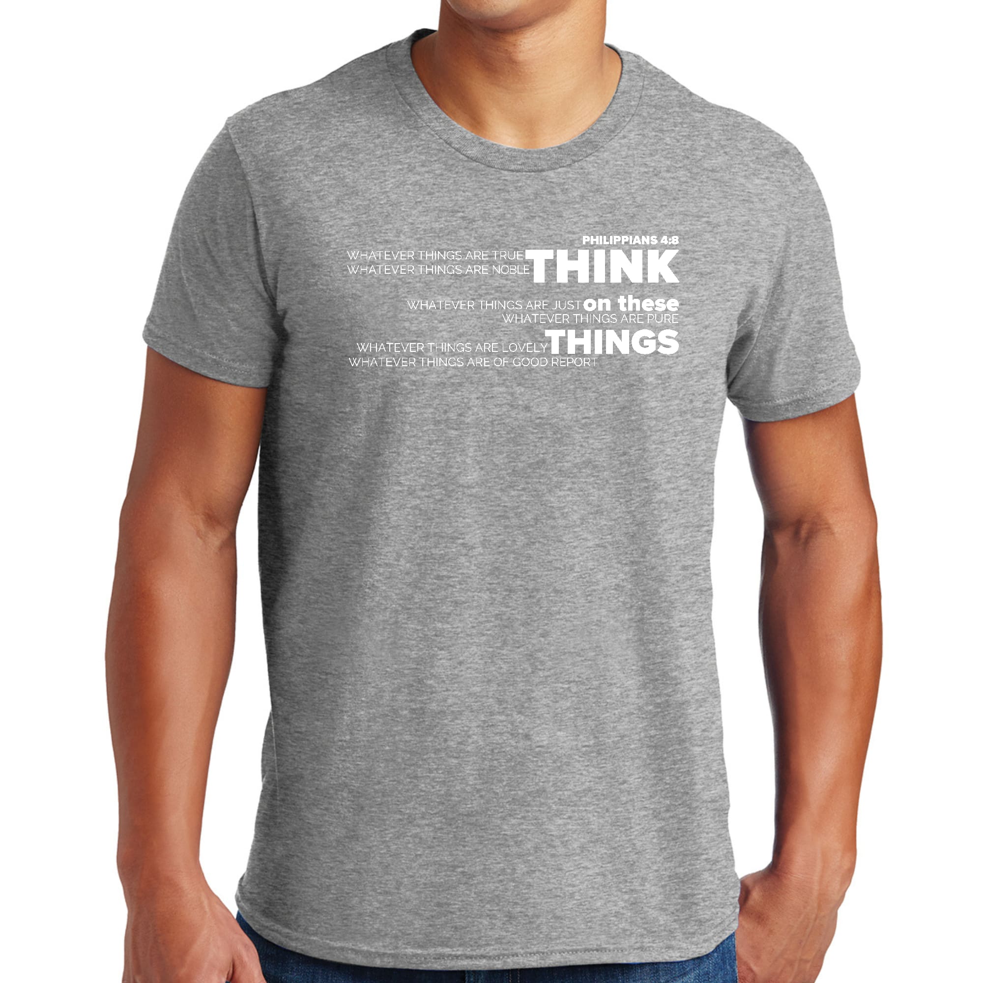 Men's Graphic T-shirt featuring the 'Think On These Things' scripture quote, made from soft preshrunk cotton with a classic fit.