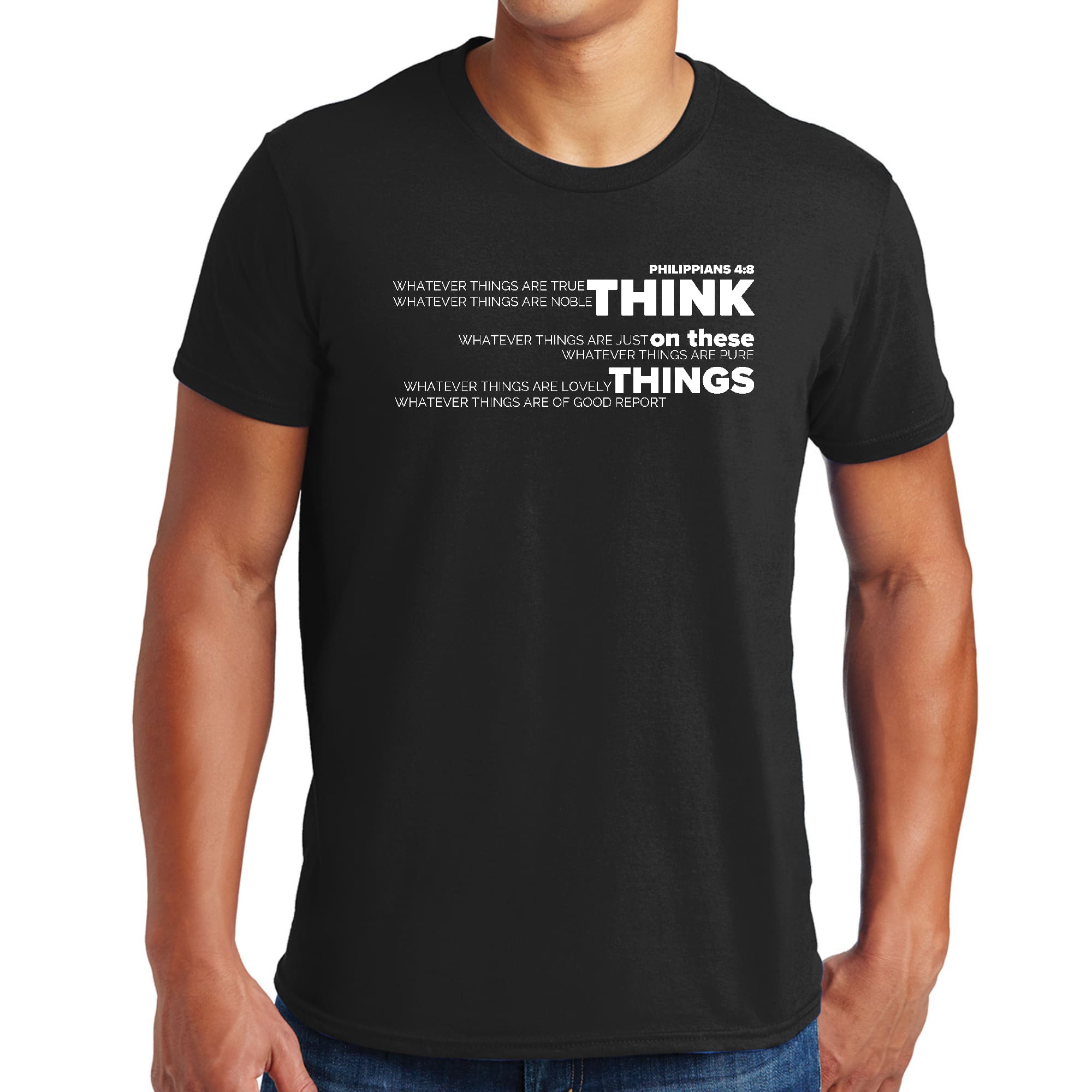 Men's Graphic T-shirt featuring the 'Think On These Things' scripture quote, made from soft preshrunk cotton with a classic fit.