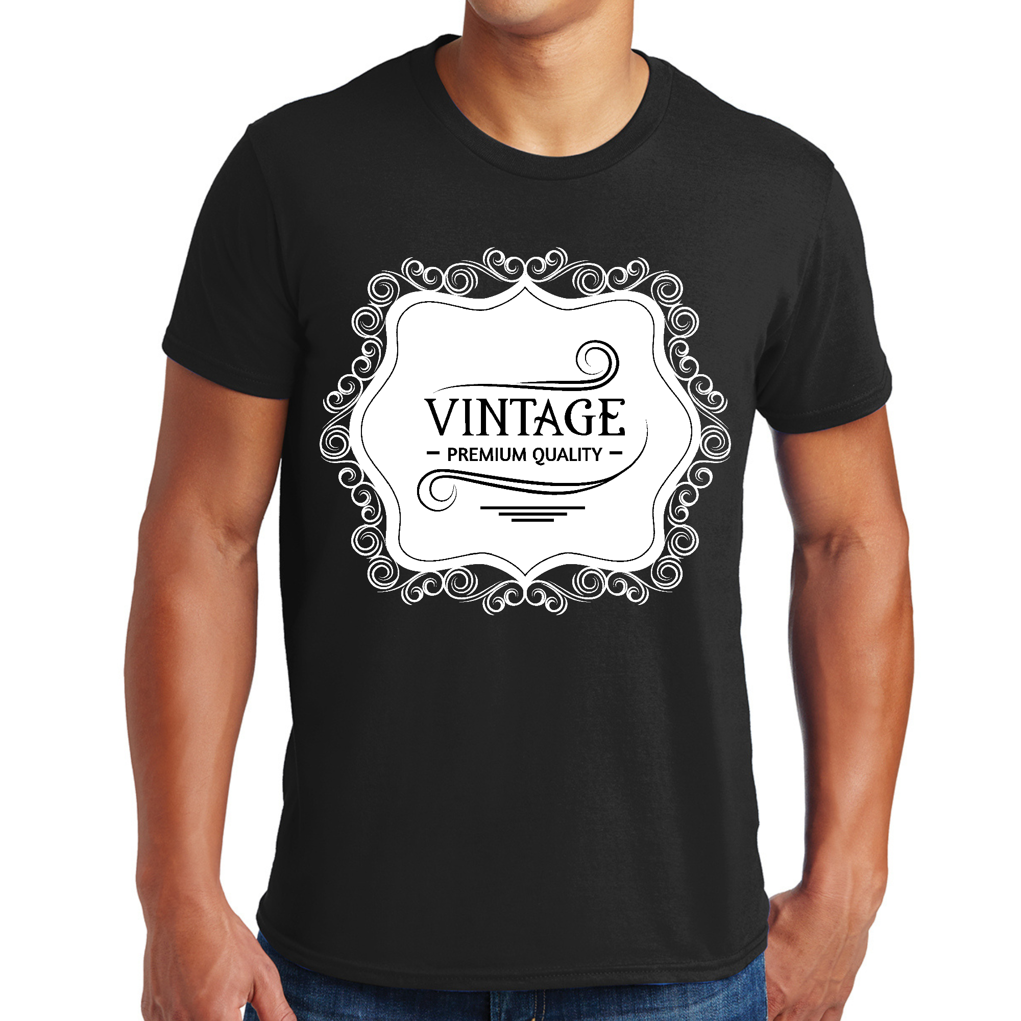 Men's Graphic T-shirt featuring vintage black illustration on white background, showcasing premium quality cotton fabric.