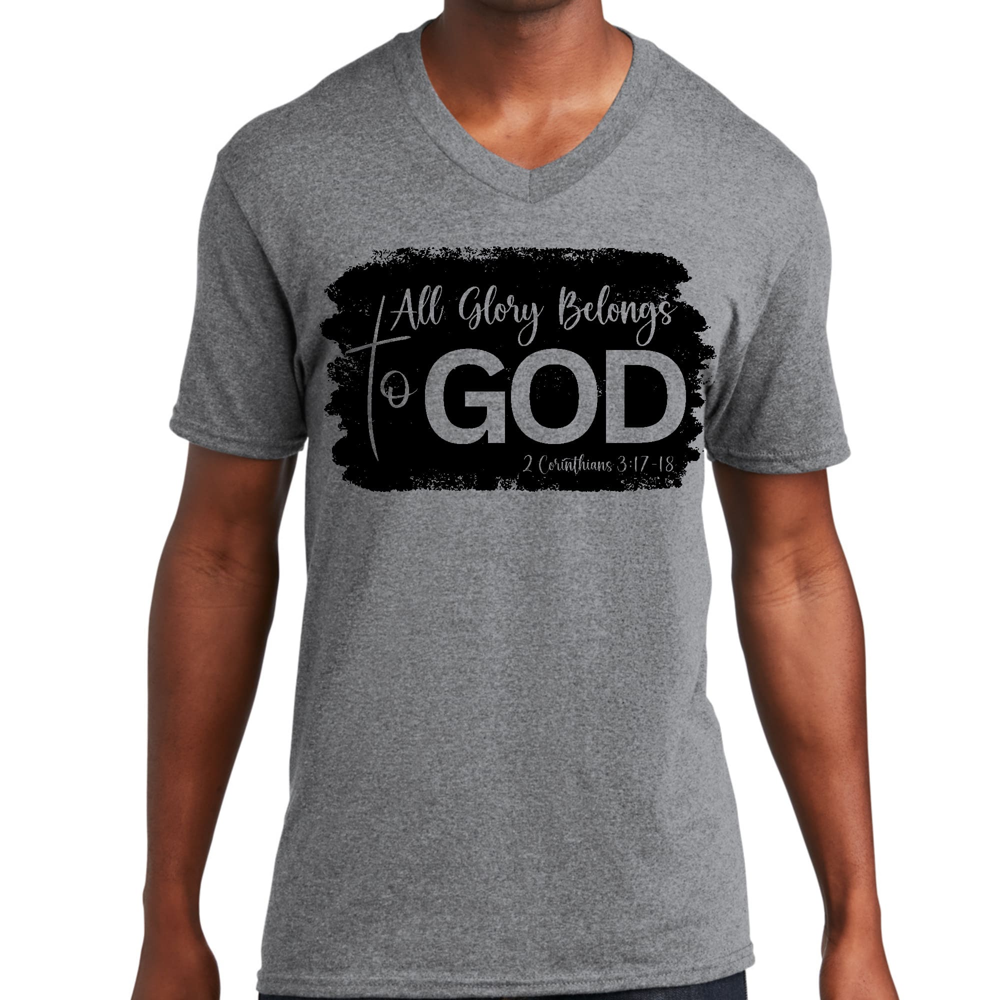 Men's black graphic V-neck T-shirt featuring 'All Glory Belongs to God' print, made from soft preshrunk cotton for comfort and durability.