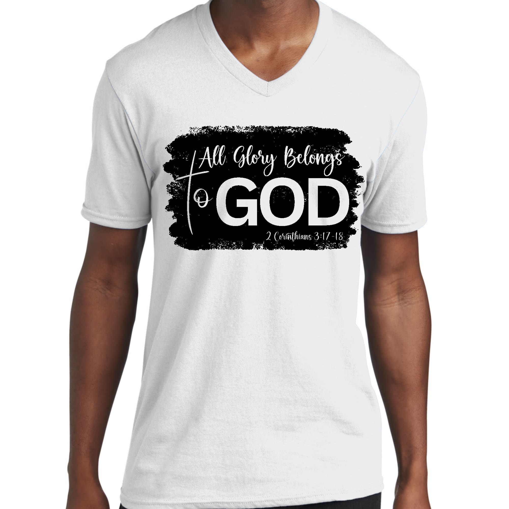 Men's black graphic V-neck T-shirt featuring 'All Glory Belongs to God' print, made from soft preshrunk cotton for comfort and durability.