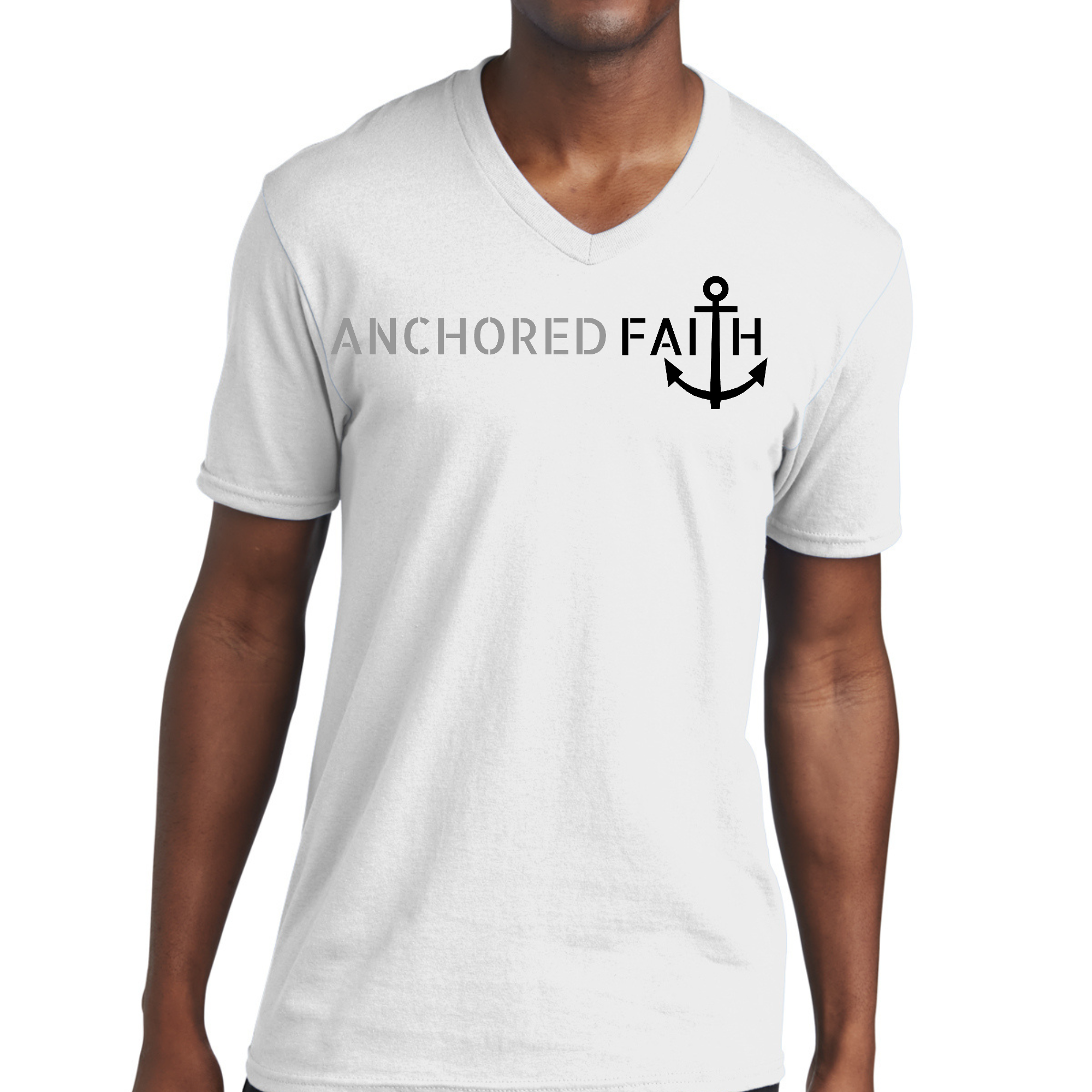 Men's Graphic V-neck T-shirt in grey and black featuring Anchored Faith design, made from soft preshrunk cotton for comfort.
