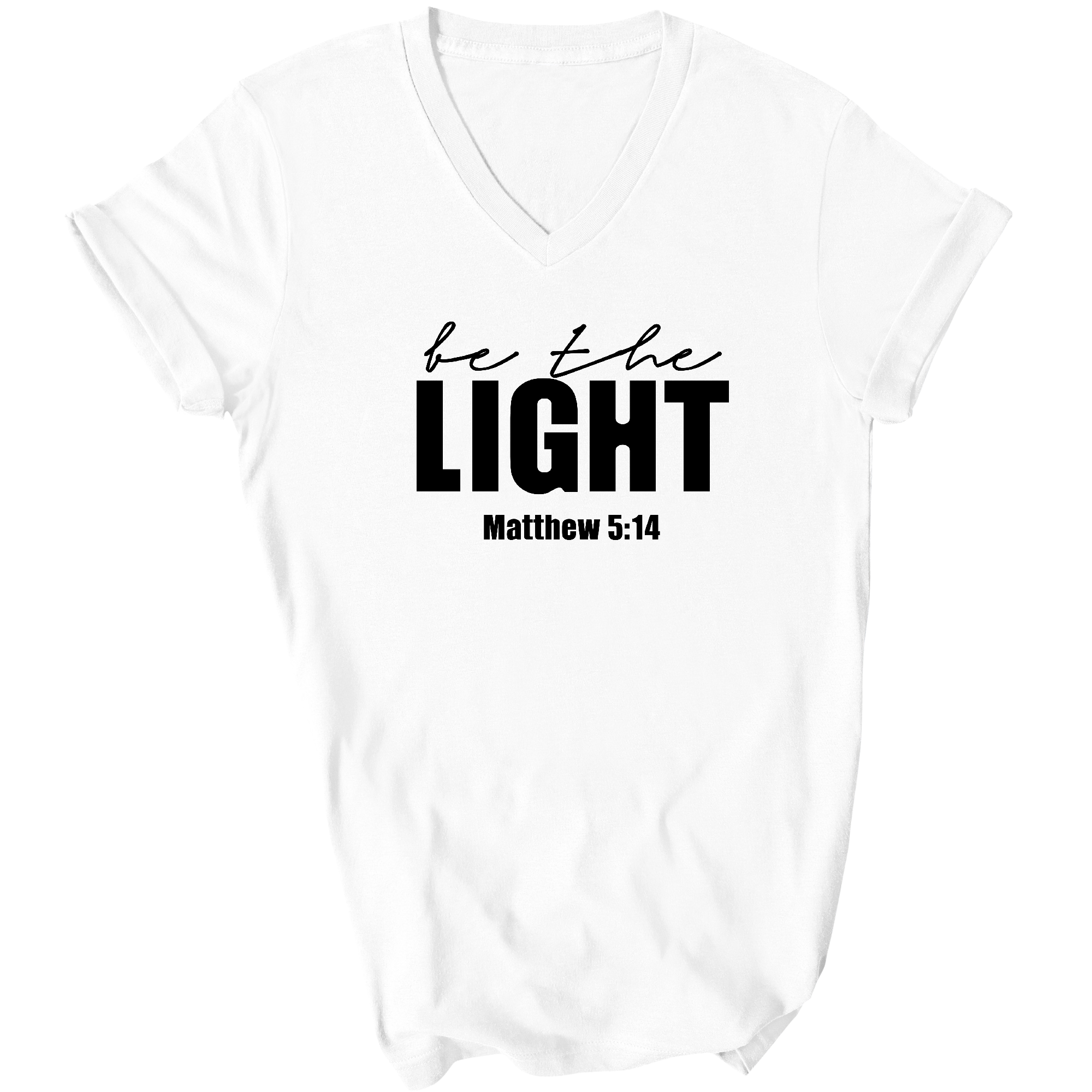 Men's black graphic V-neck T-shirt featuring 'Be the Light' inspirational art illustration, showcasing a modern and creative design.