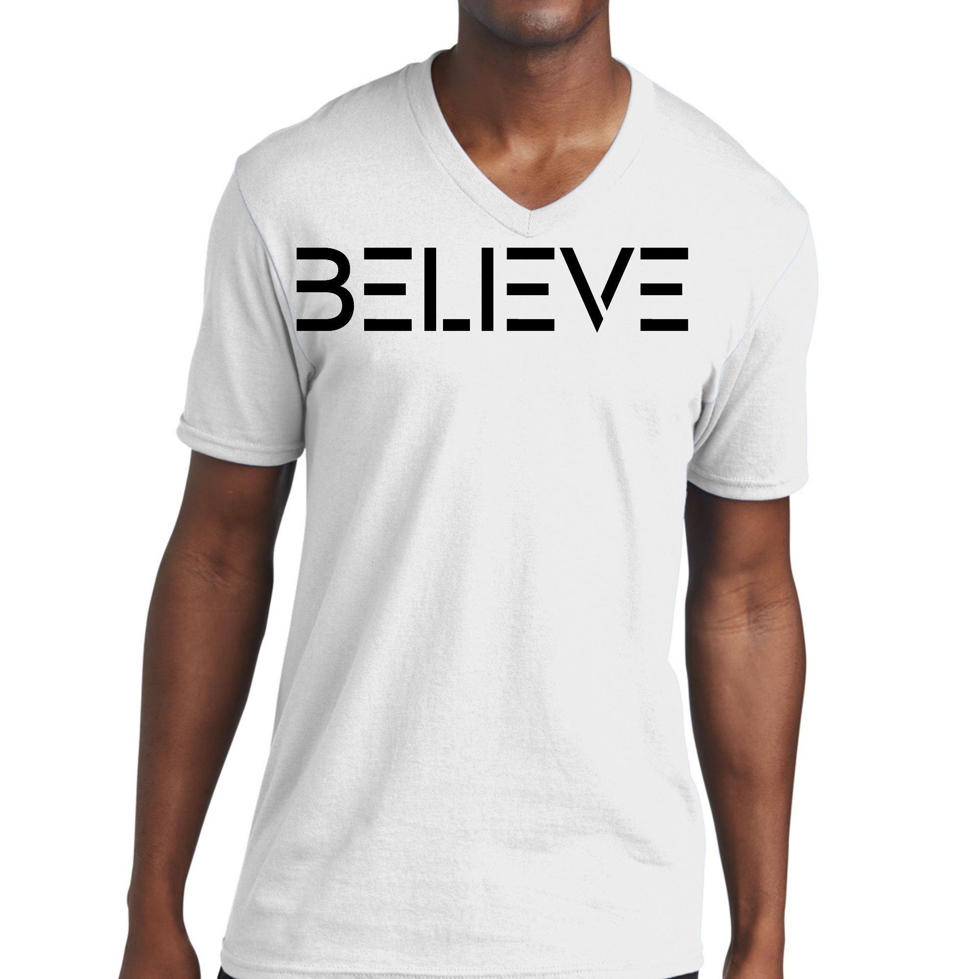 Men's Graphic V-neck T-shirt in black featuring an inspirational 'Believe' print, made from soft preshrunk cotton for comfort.
