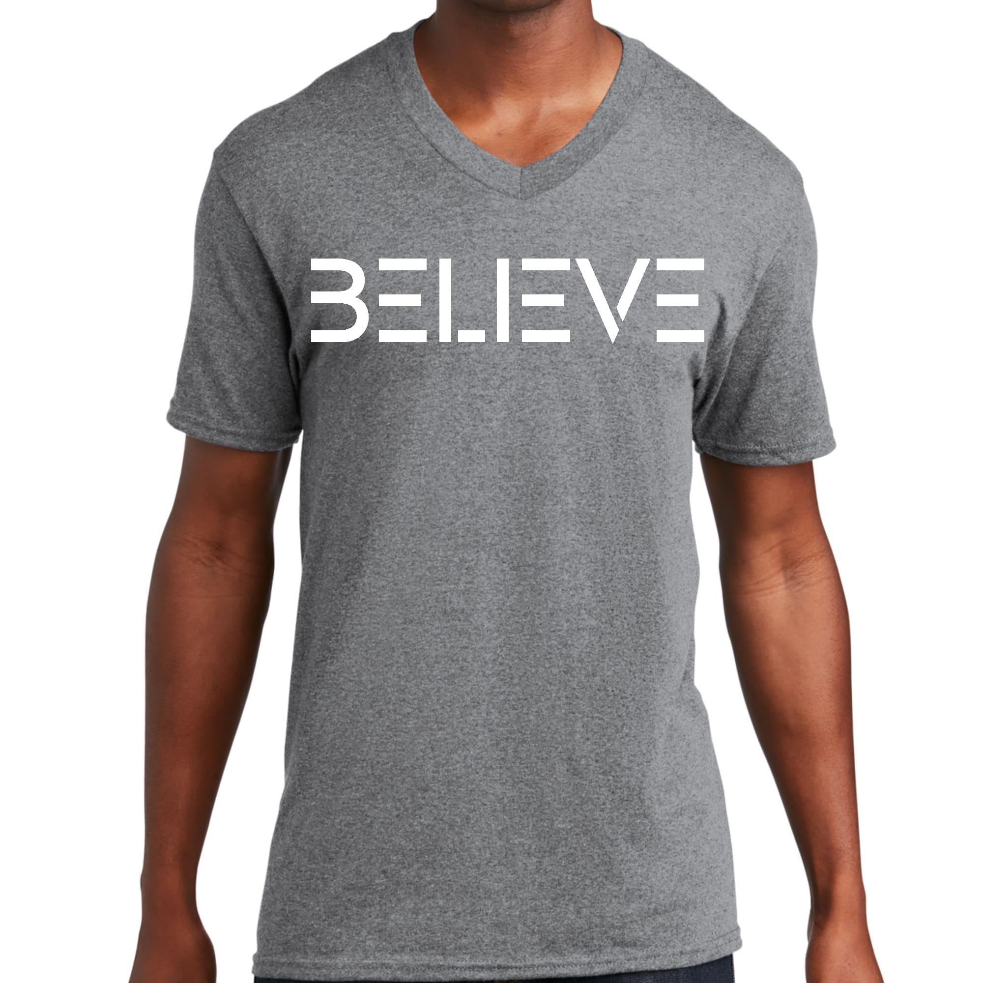Men's Graphic V-neck T-shirt in white with 'Believe' print, showcasing soft cotton fabric and stylish design.
