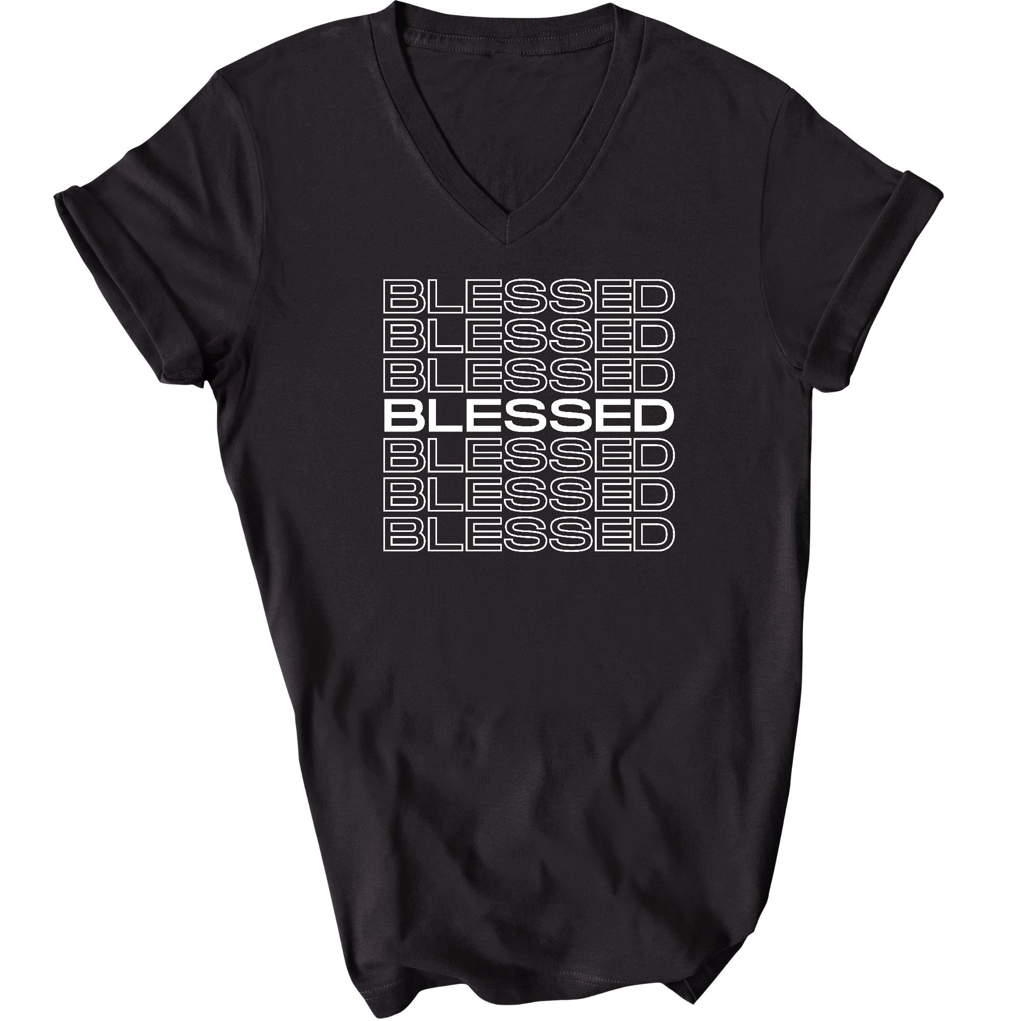 Men's Graphic V-neck T-shirt featuring a Blessed Stacked Print, made from soft preshrunk cotton, showcasing a stylish design.