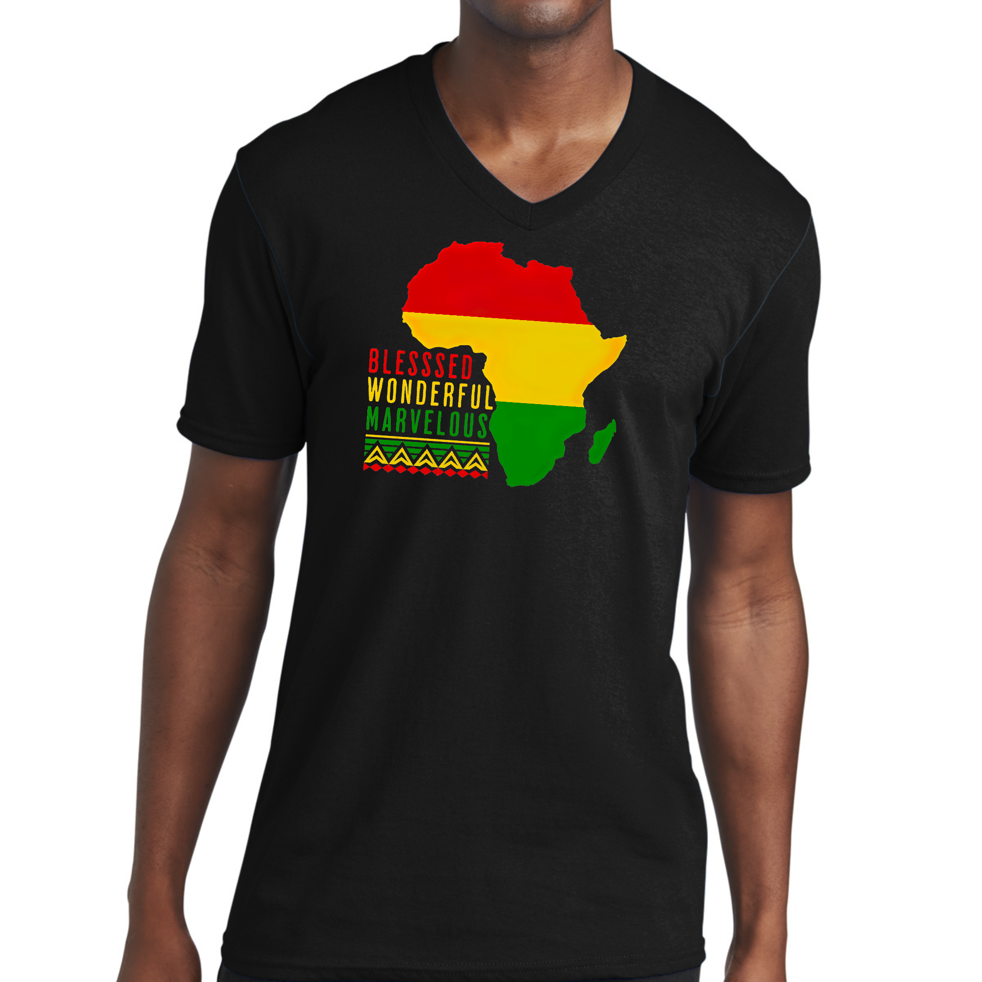 Men's Graphic V-neck T-shirt featuring 'Blessed Wonderful Marvelous' design, made from soft preshrunk cotton for comfort.