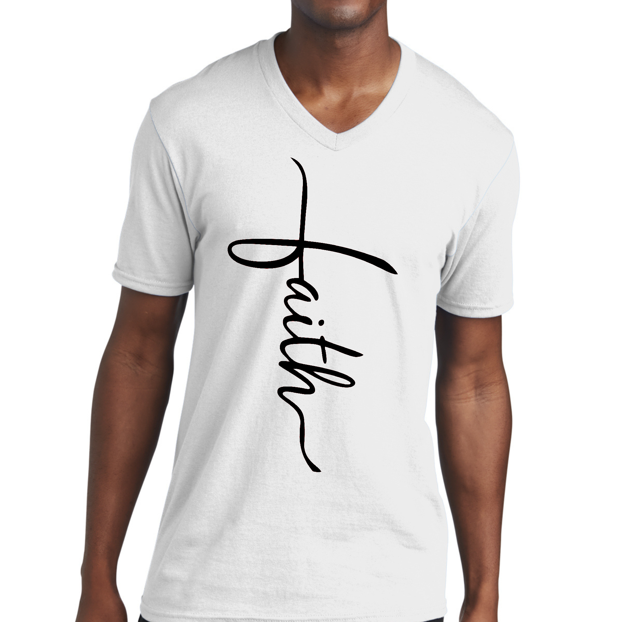 Men's Graphic V-neck T-shirt featuring a Faith Script Cross design in black, made from soft preshrunk cotton.