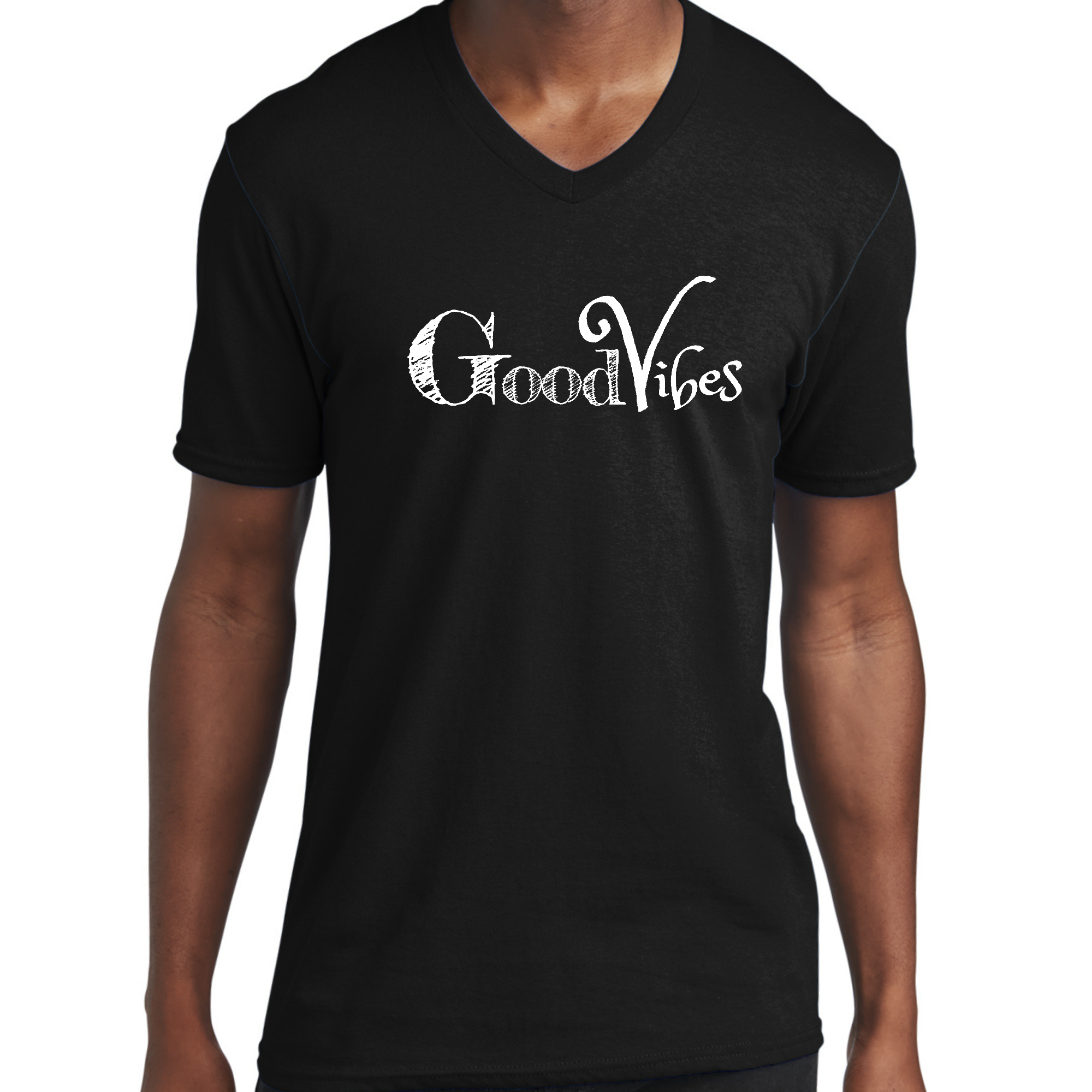 Men's Graphic V-neck T-shirt featuring a Good Vibes white print, showcasing a modern and artistic design.