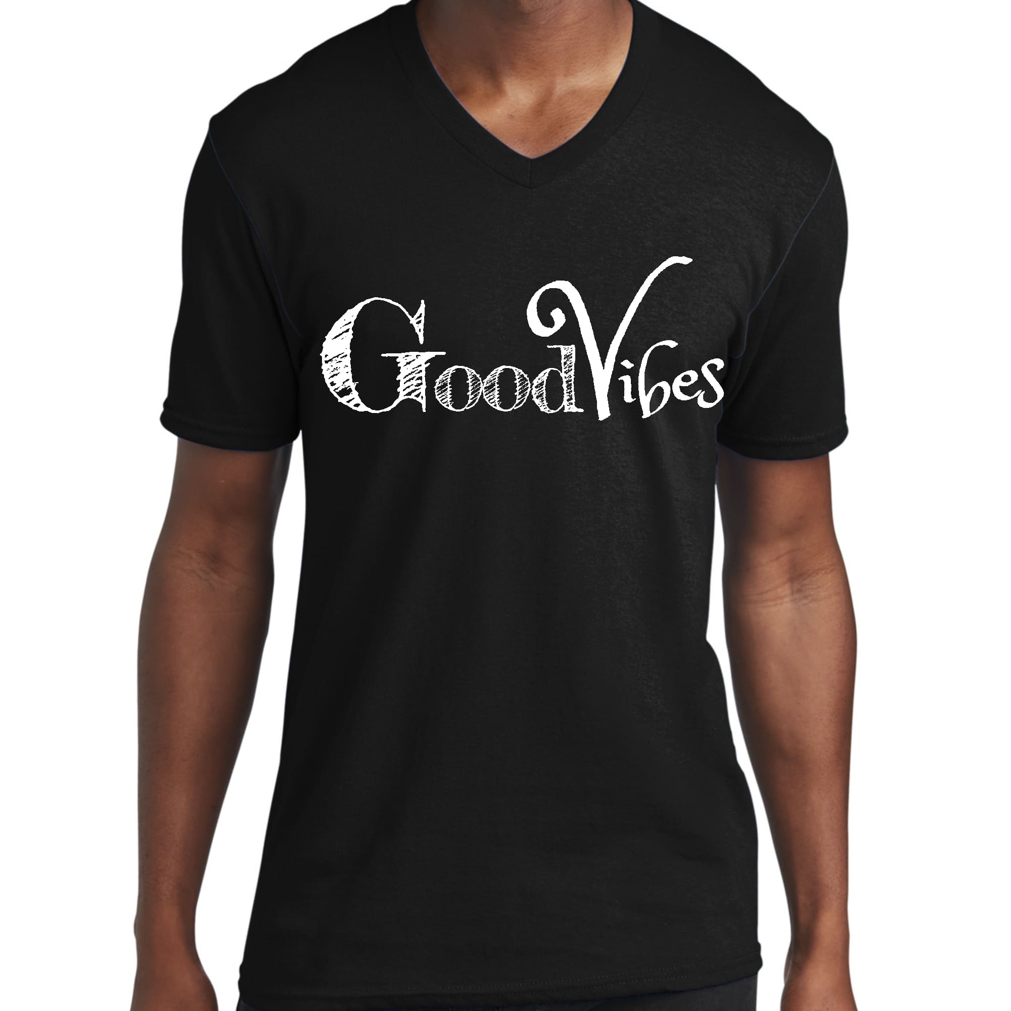 Men's Graphic V-neck T-shirt featuring a Good Vibes white print, showcasing a modern and artistic design.