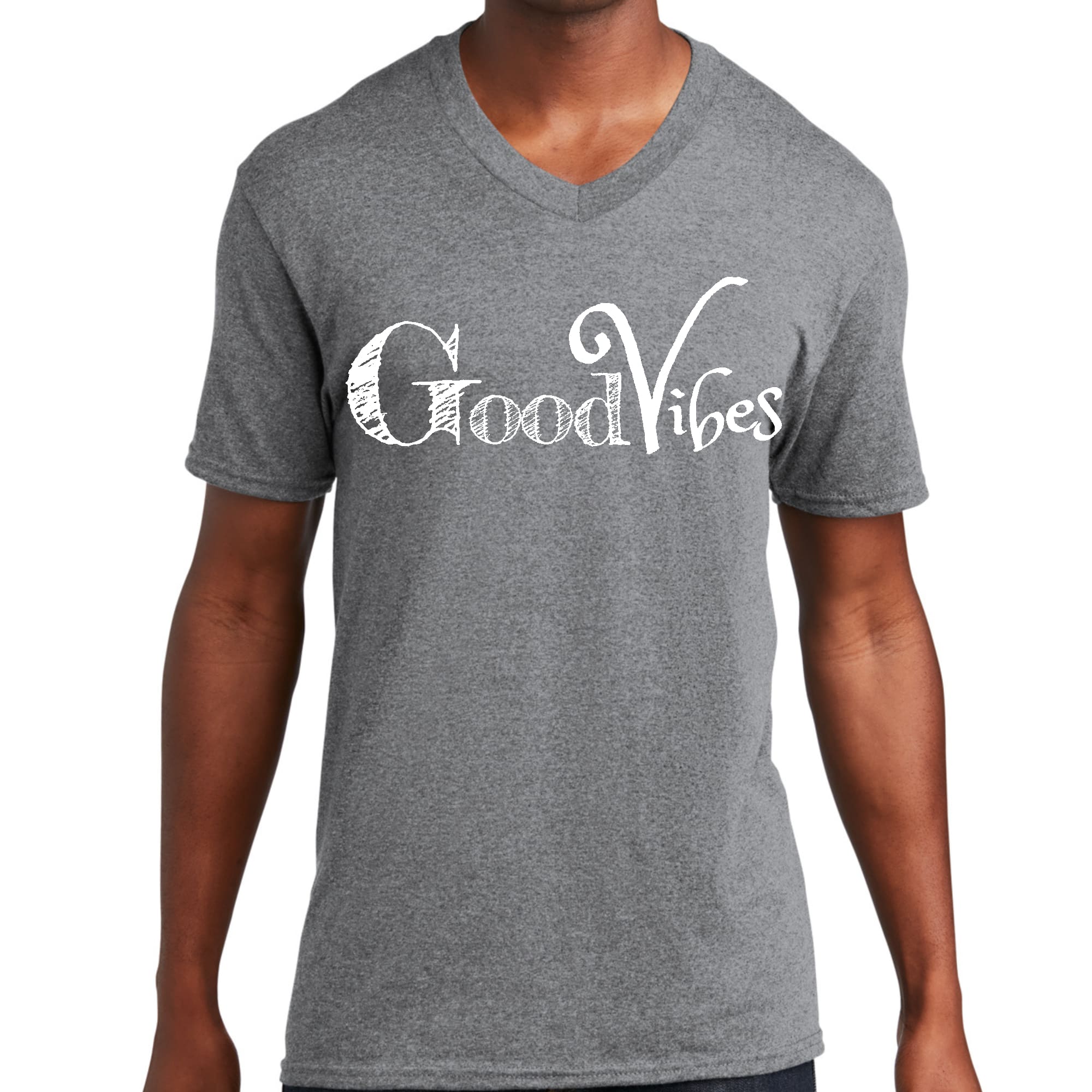 Men's Graphic V-neck T-shirt featuring a Good Vibes white print, showcasing a modern and artistic design.