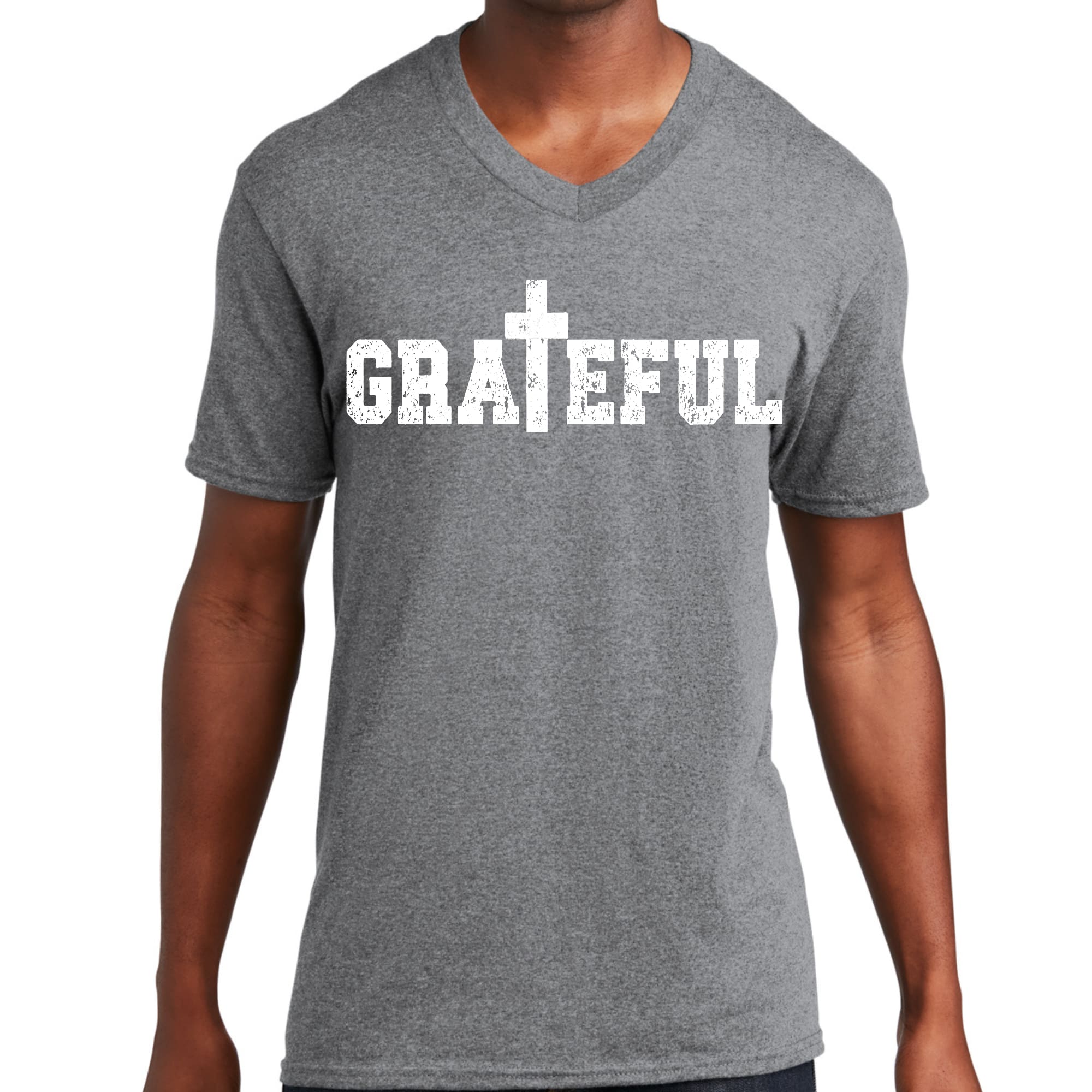 Men's Graphic V-neck T-shirt featuring a Grateful print, made from soft preshrunk cotton with a classic fit.