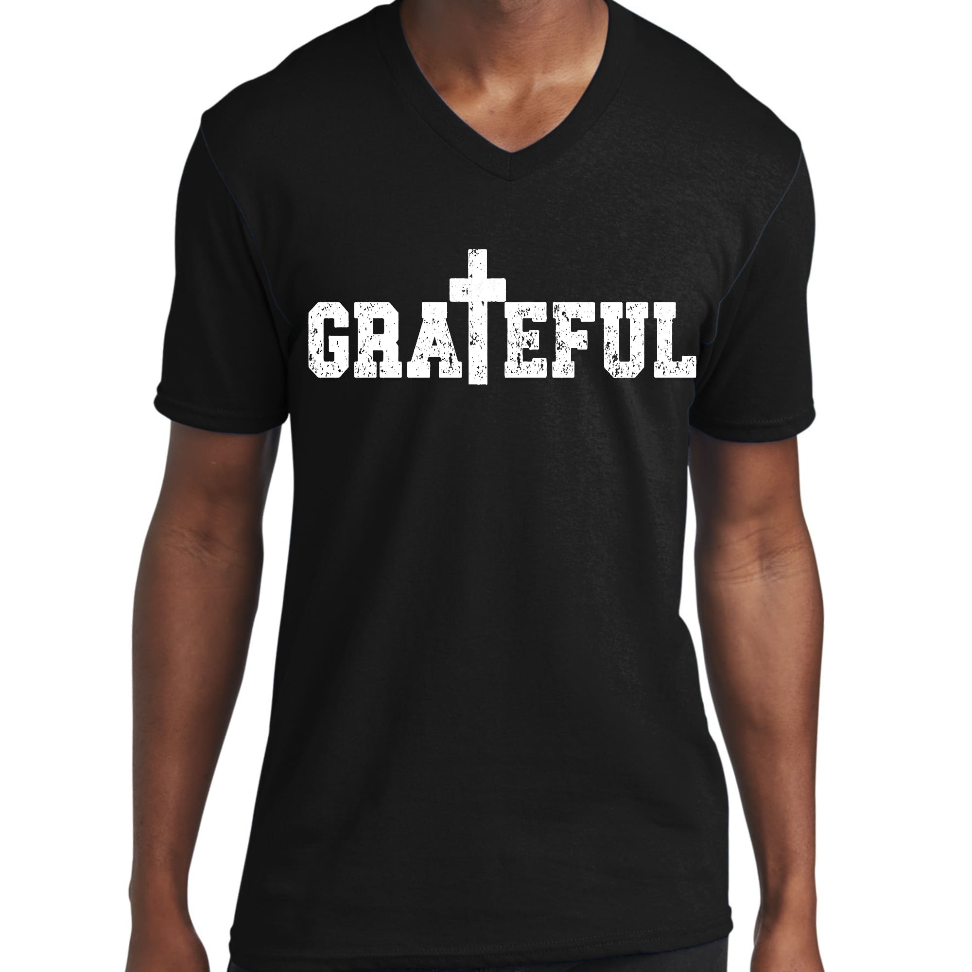 Men's Graphic V-neck T-shirt featuring a Grateful print, made from soft preshrunk cotton with a classic fit.