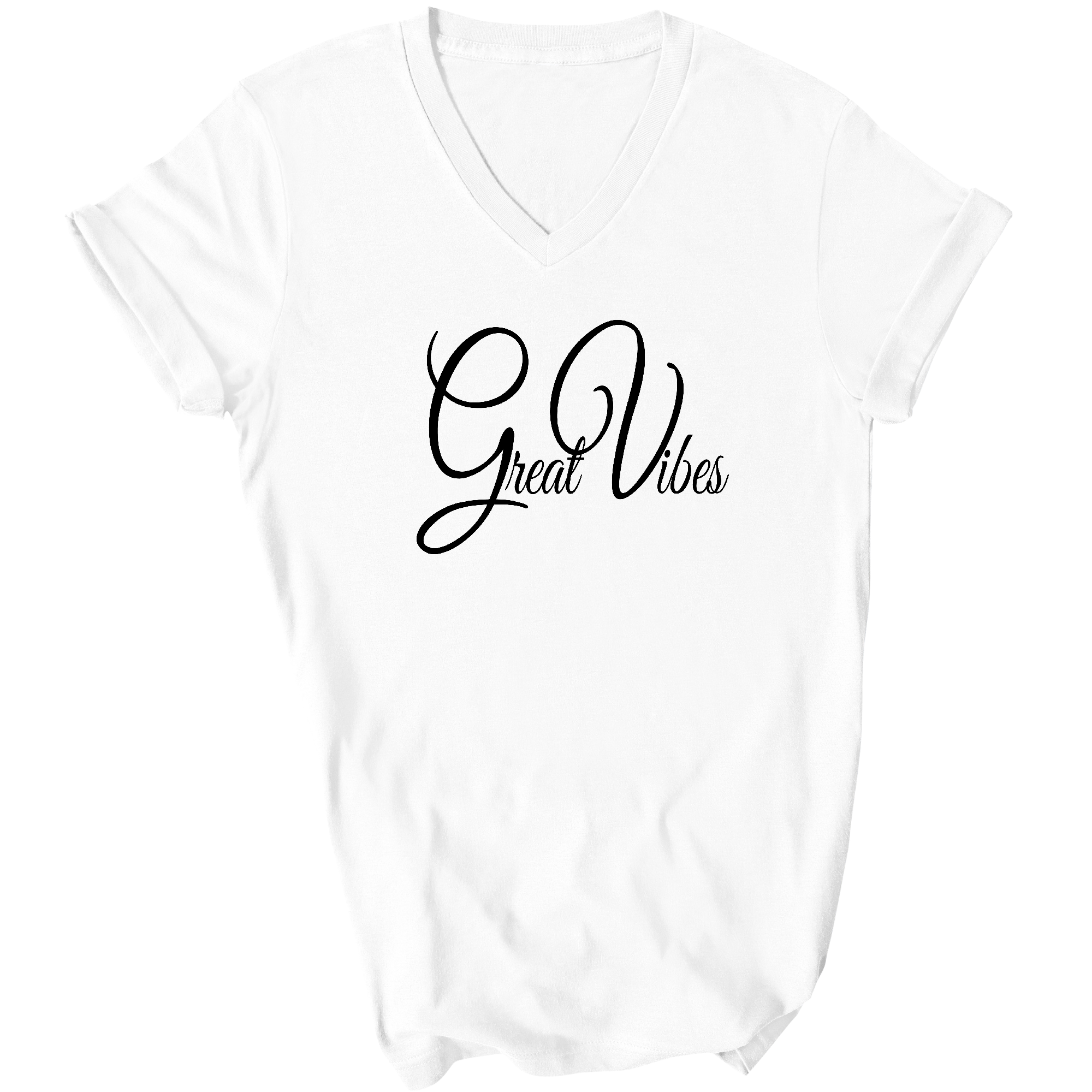 Men's Graphic V-neck T-shirt featuring a Great Vibes black illustration, showcasing a stylish design and comfortable fit.