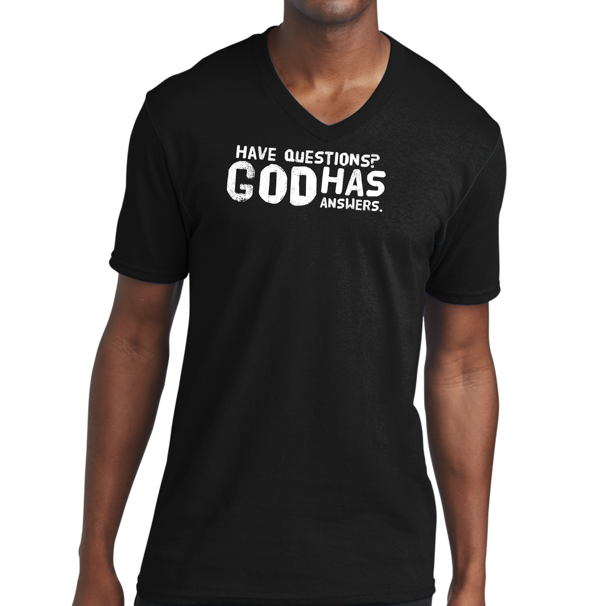 Men's Graphic V-neck T-shirt with 'Have Questions God has Answers' print, showcasing a comfortable fit and soft cotton fabric.