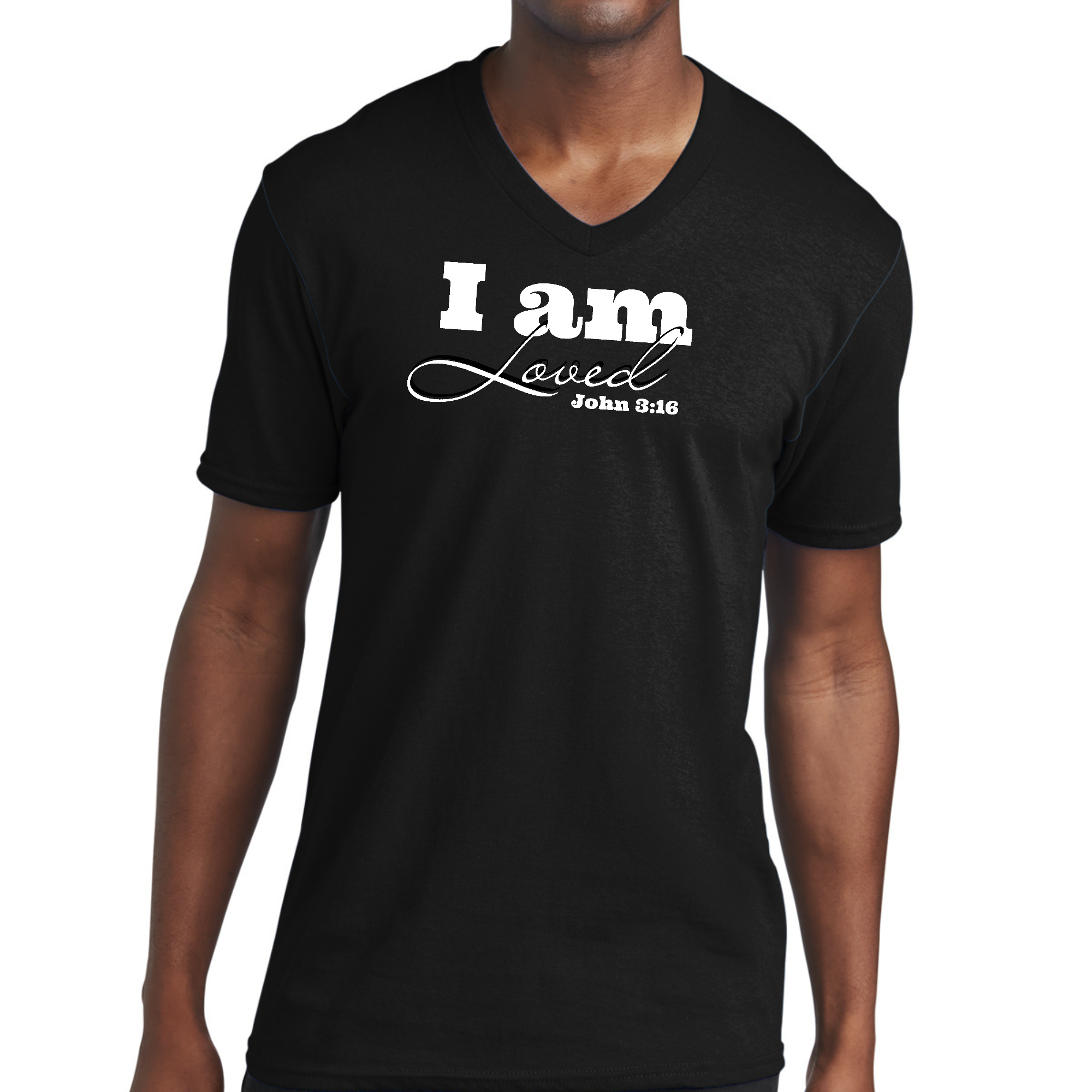 Men's Graphic V-neck T-shirt with 'I Am Loved' John 3:16 illustration, showcasing soft preshrunk cotton fabric and classic fit.