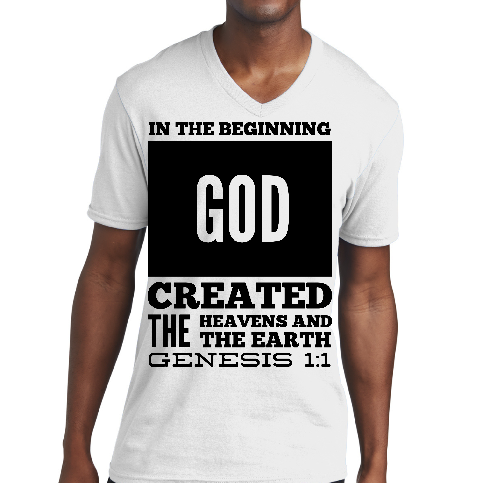 Men's black V-neck T-shirt with 'In the Beginning' scripture print, made from soft preshrunk cotton, showcasing a classic fit and durable stitching.