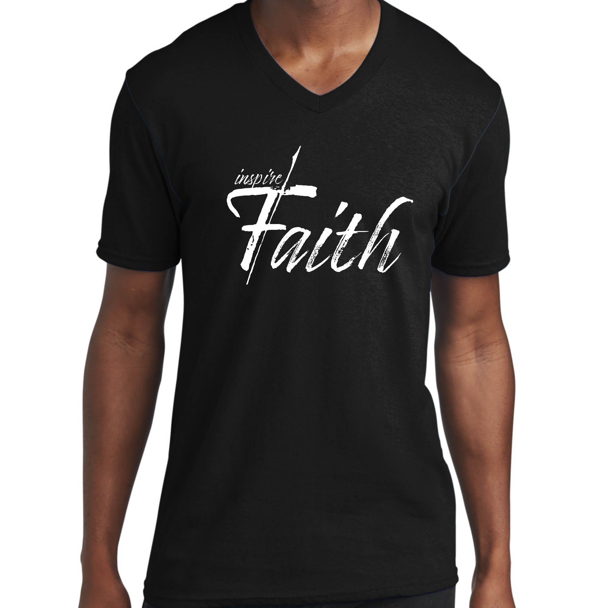 Men's Graphic V-neck T-shirt featuring Inspire Faith White Print, showcasing a unique design on soft cotton fabric.