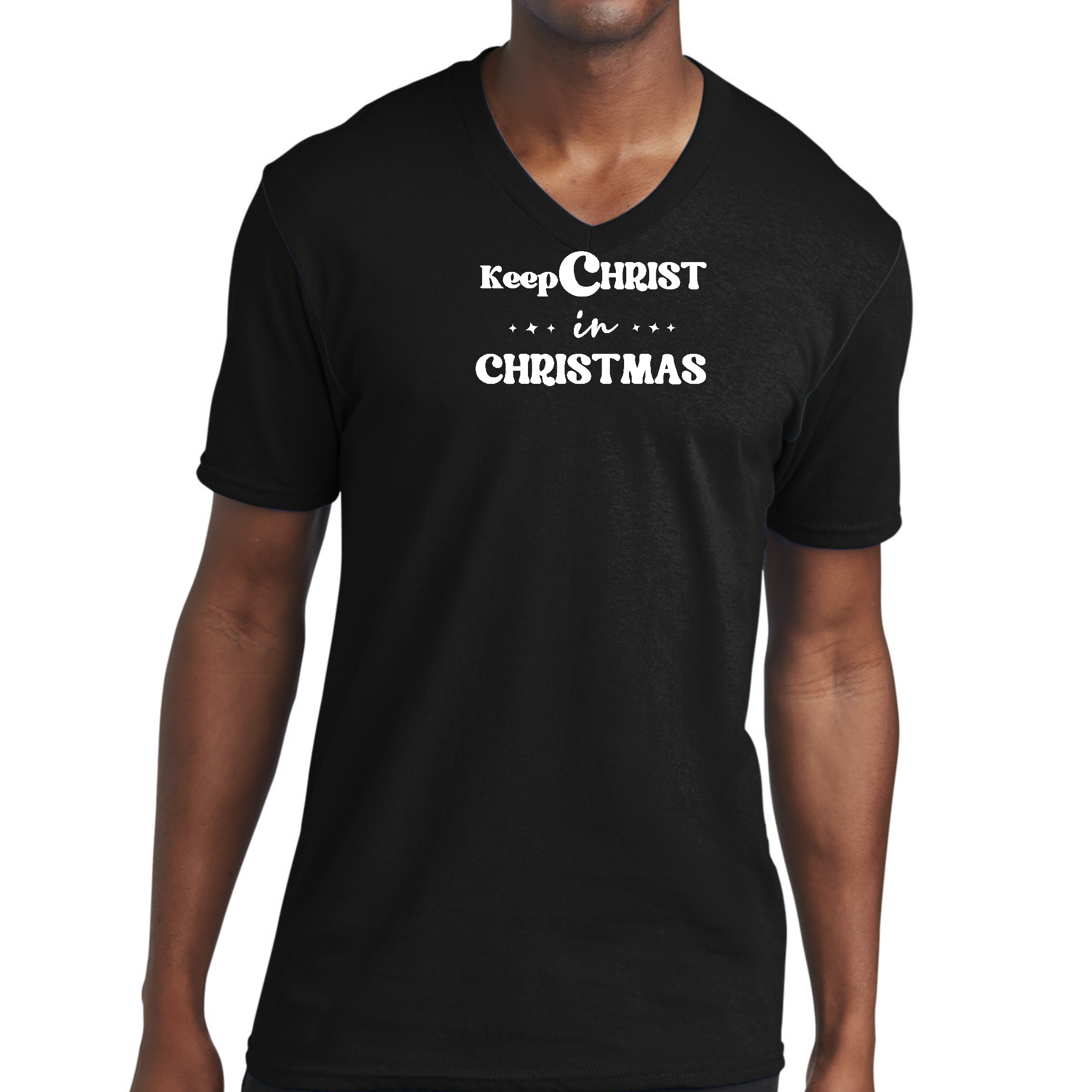 Men's Graphic V-neck T-shirt with 'Keep Christ in Christmas' print, made from soft preshrunk cotton, ideal for holiday wear.