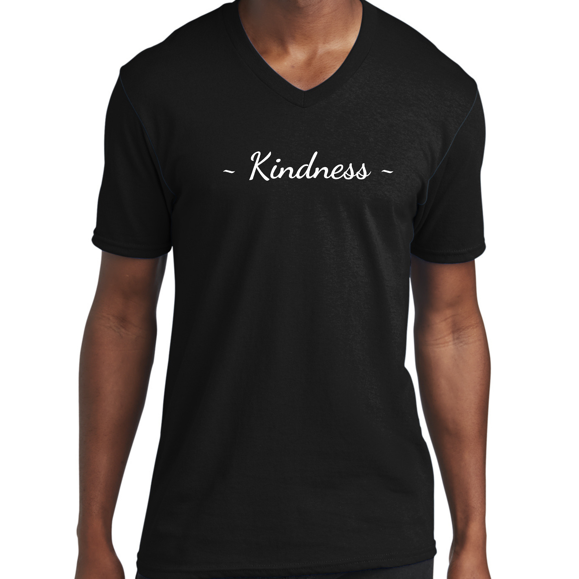 Men's Graphic V-neck T-shirt featuring a unique Kindness White Print, showcasing a modern design and soft fabric.