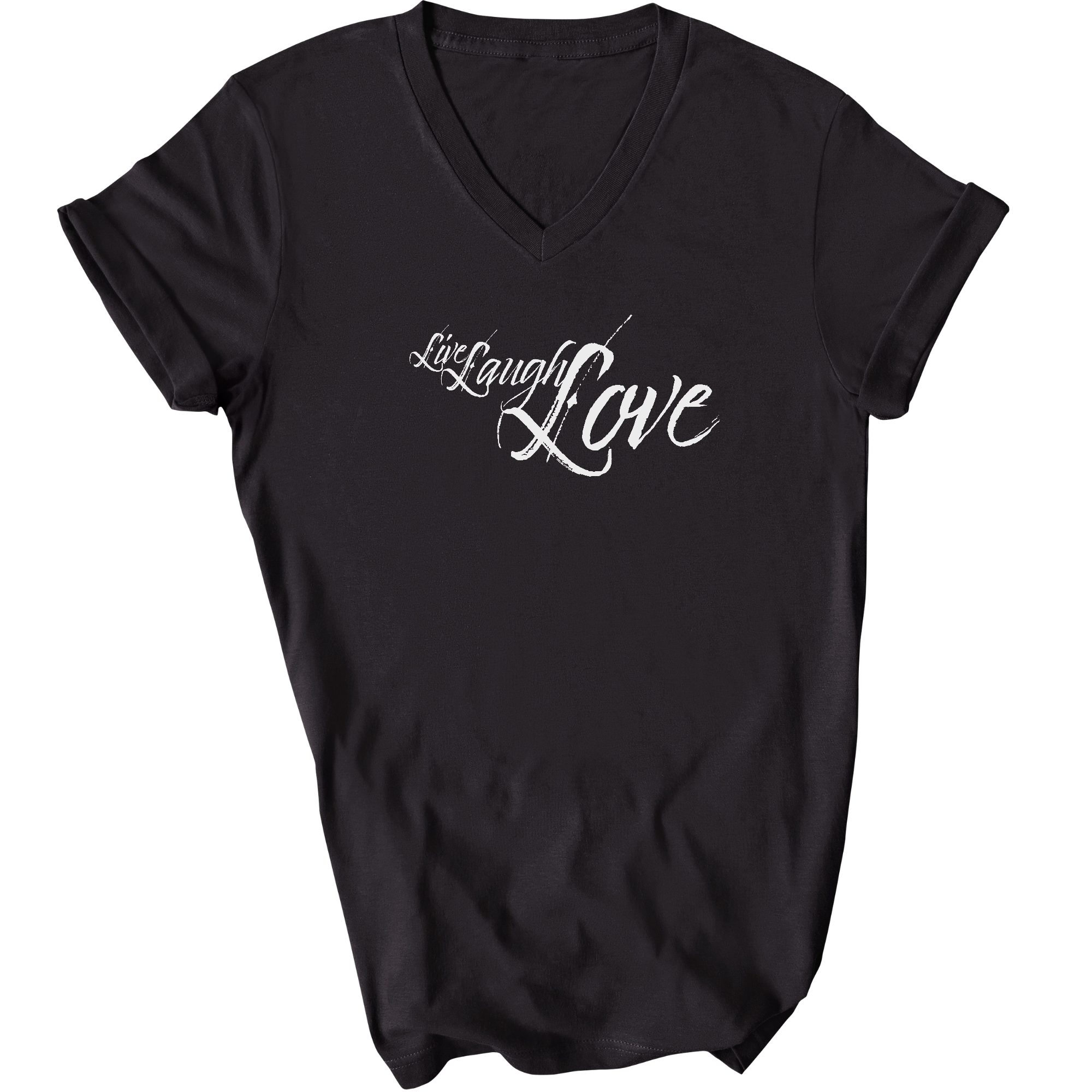 Men's light grey V-neck T-shirt with 'Live Laugh Love' graphic, made from soft preshrunk cotton, showcasing a classic fit.