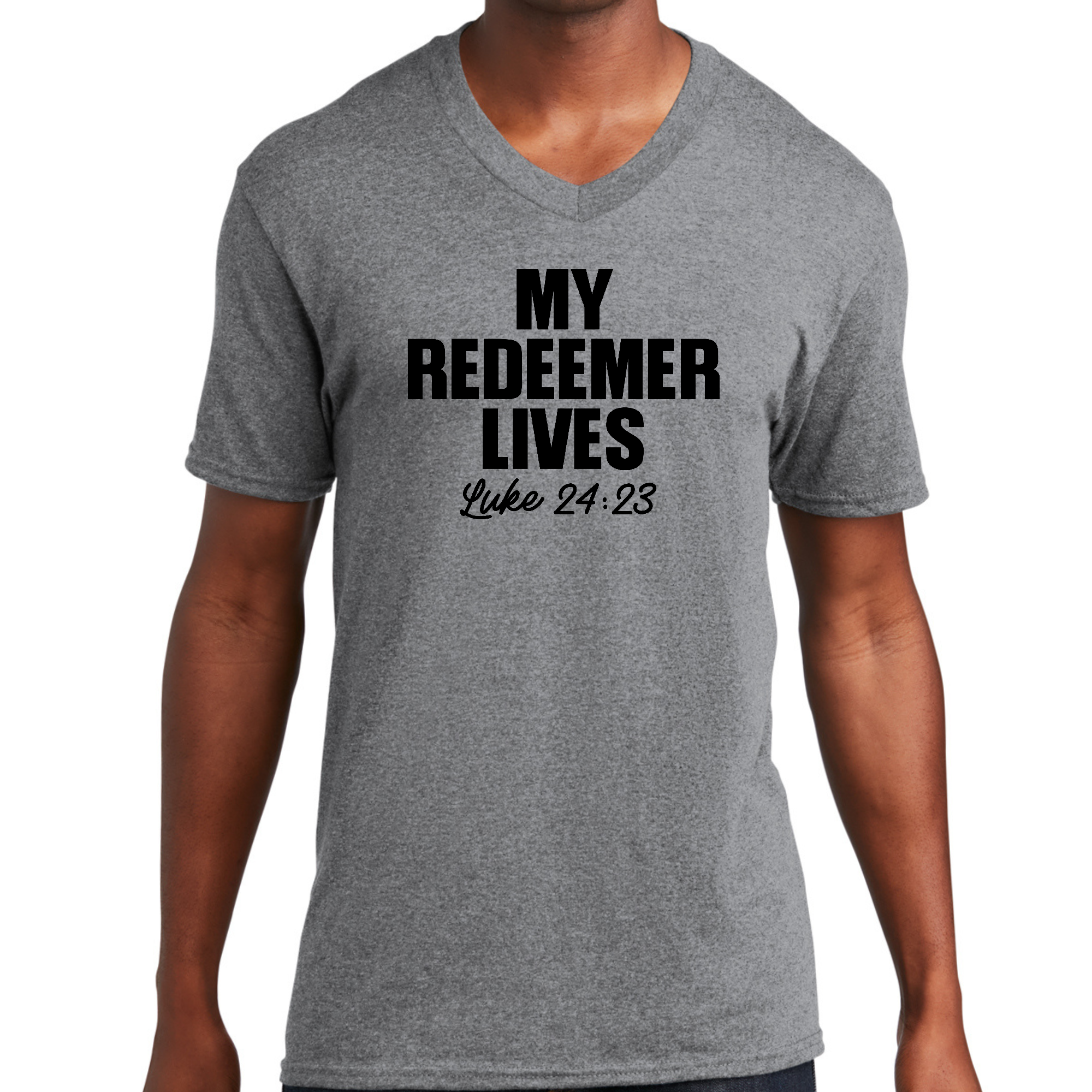 Men's Graphic V-neck T-shirt featuring 'My Redeemer Lives' print, showcasing a stylish design and comfortable fit.
