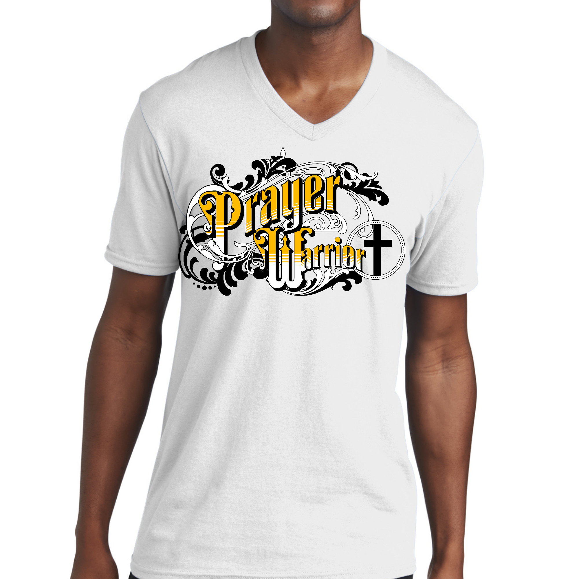 Men's Graphic V-neck T-shirt featuring a Prayer Warrior design in Victorian style, made from soft preshrunk cotton.