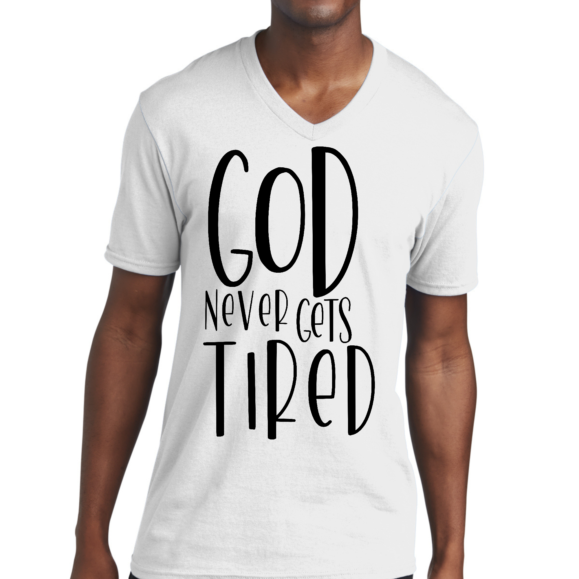 Men's Graphic V-neck T-shirt featuring the quote 'God Never Gets Tired', made from soft preshrunk cotton with a stylish design.