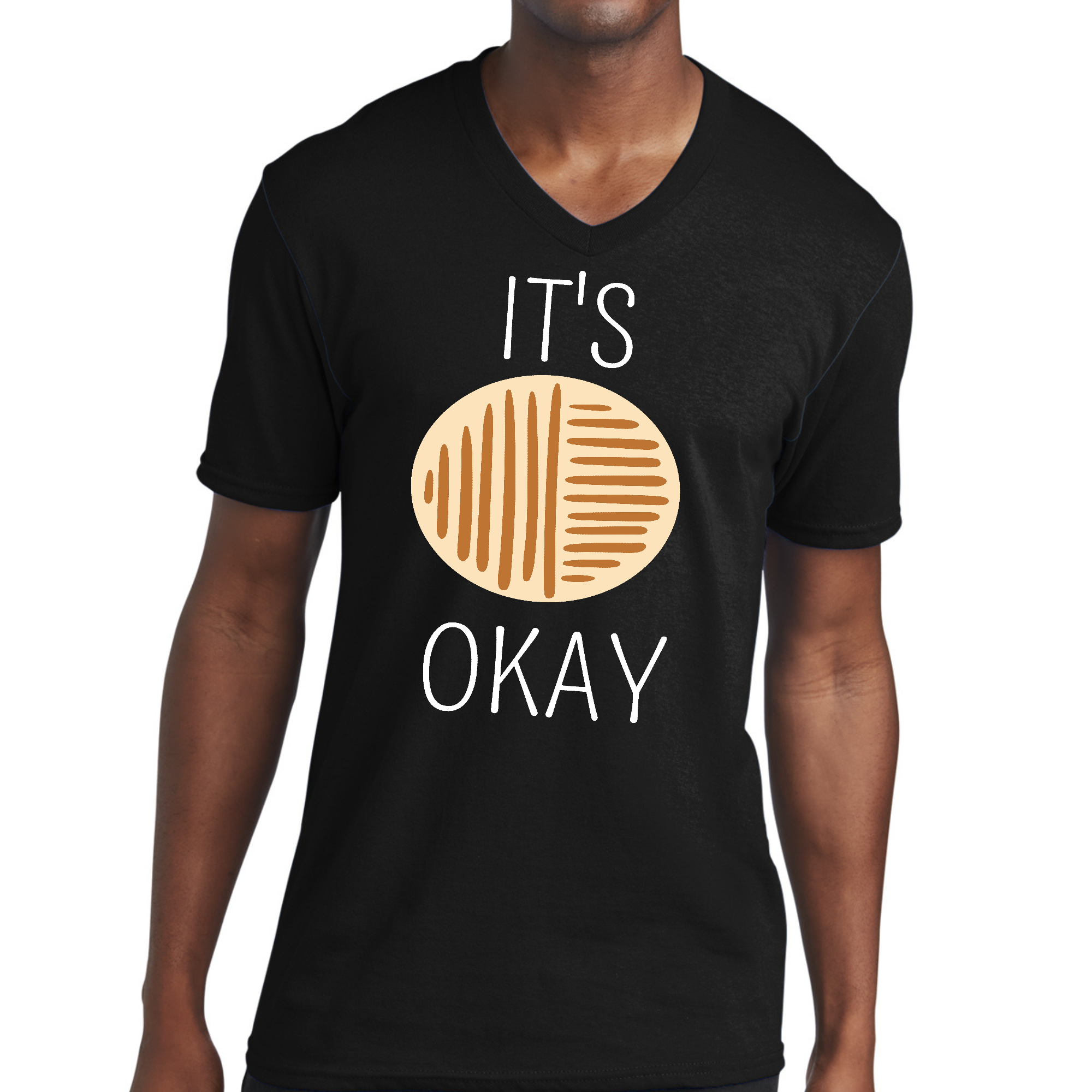 Mens Graphic V-neck T-shirt featuring white and brown line art with positive affirmation, showcasing comfort and style.