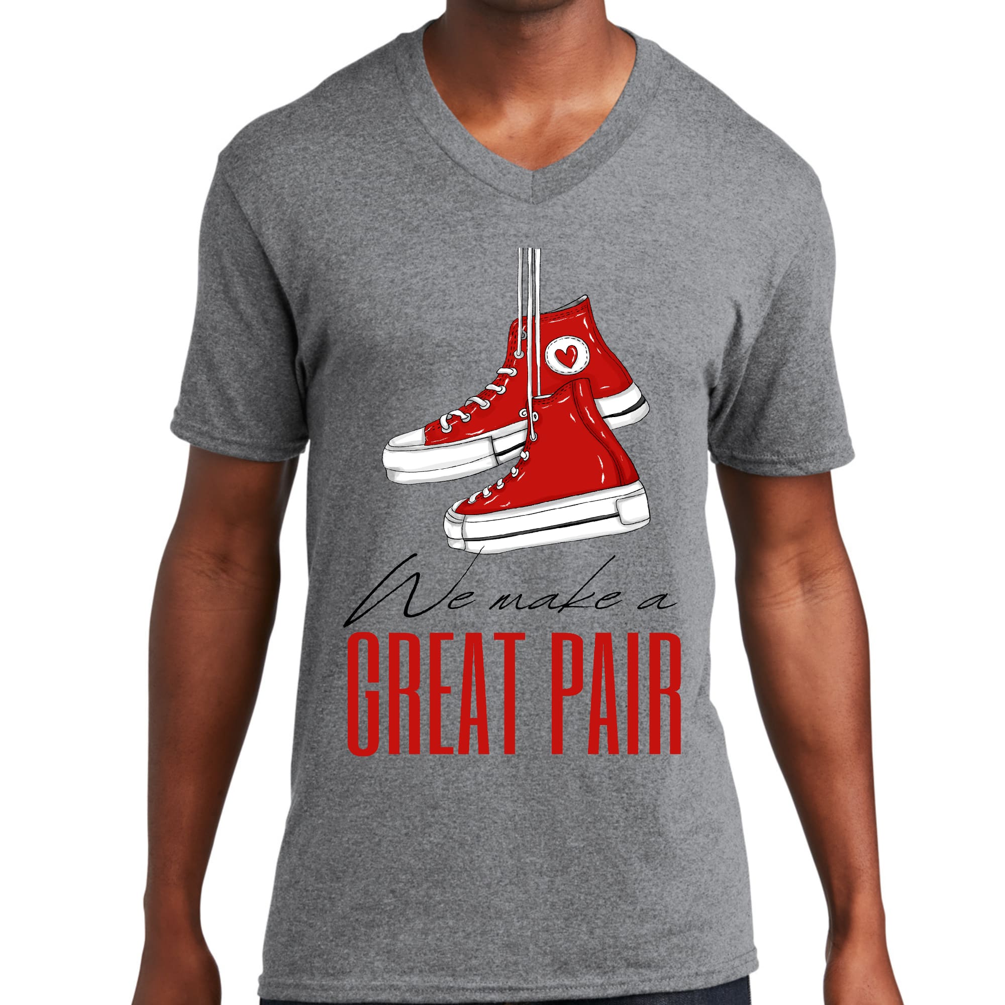 Men's red graphic V-neck t-shirt featuring the phrase 'We Make A Great Pair' with a stylish print, perfect for creative individuals.