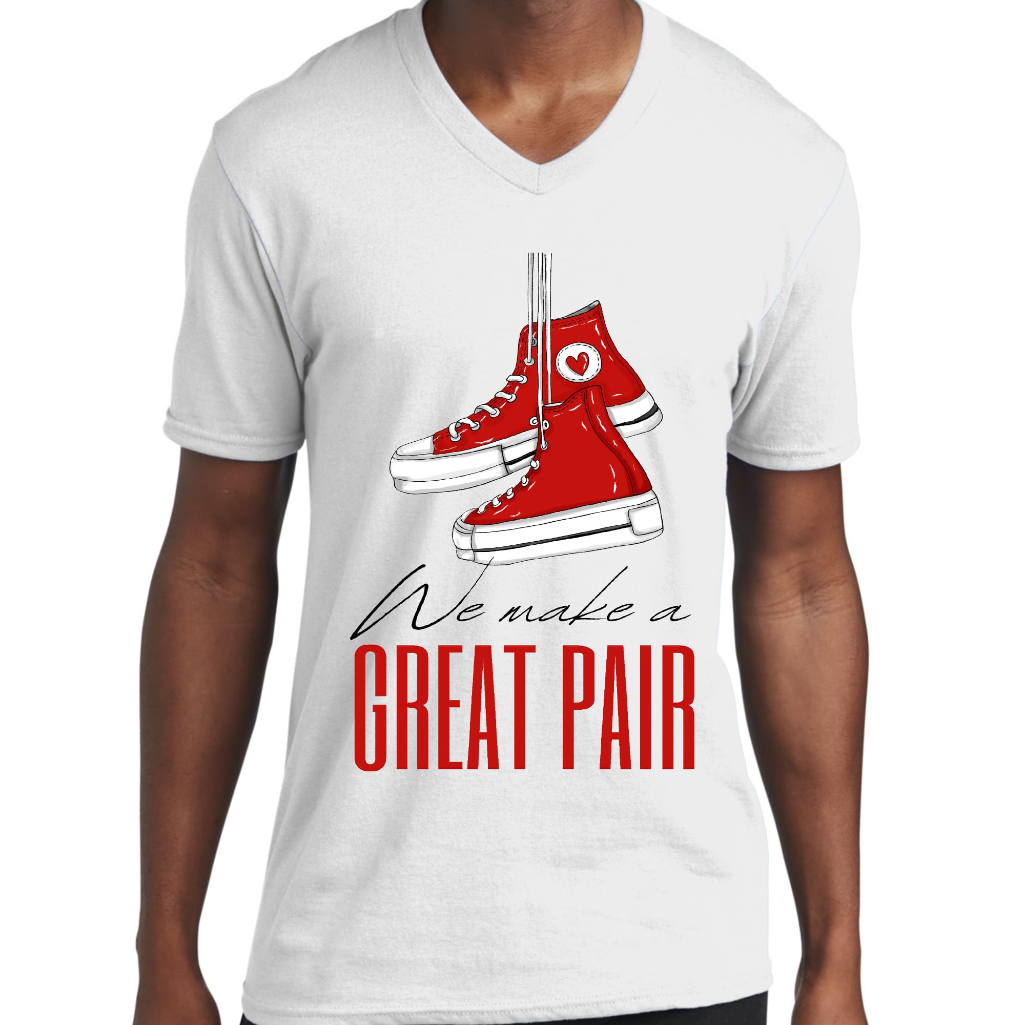 Men's red graphic V-neck t-shirt featuring the phrase 'We Make A Great Pair' with a stylish print, perfect for creative individuals.