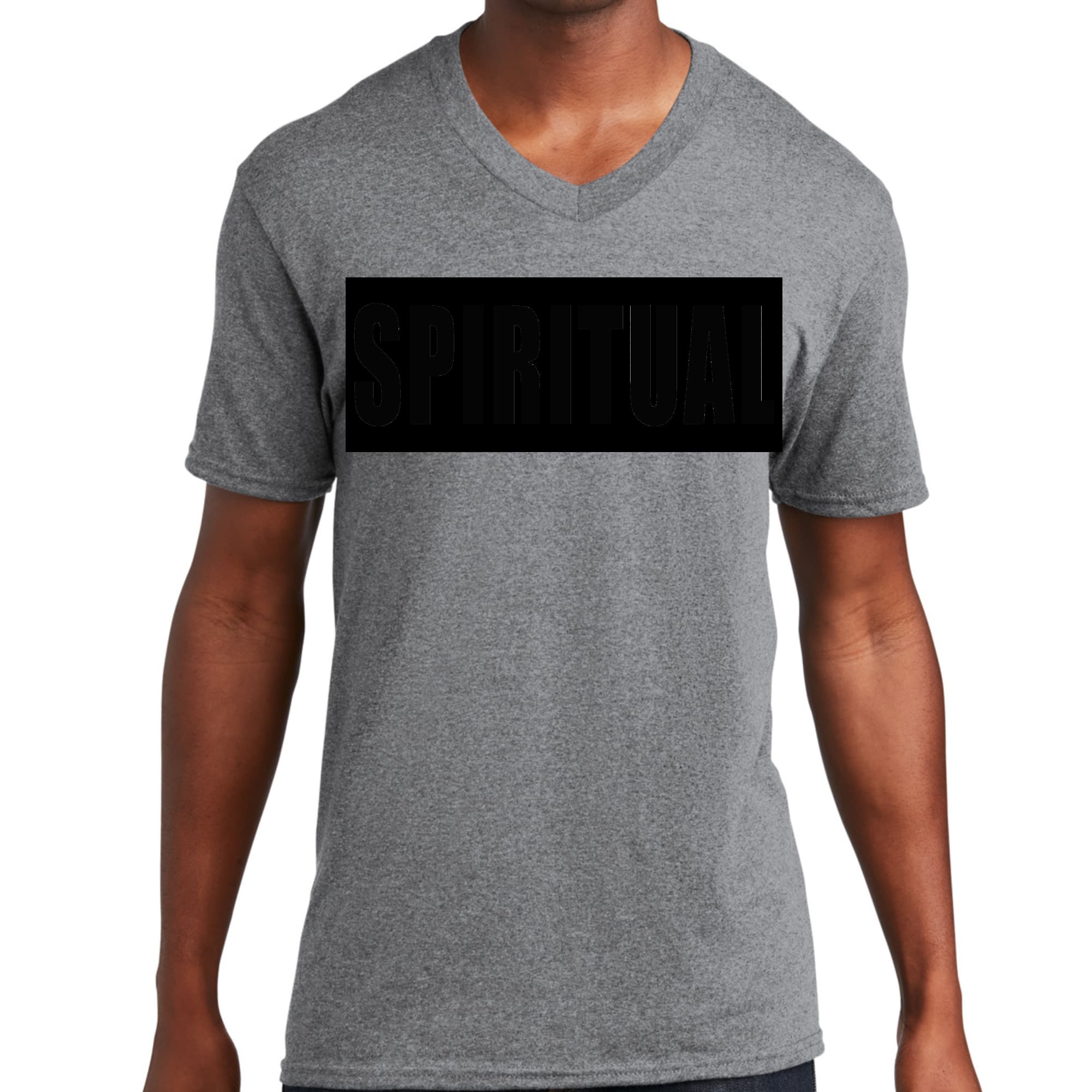 Men's Graphic V-neck T-shirt featuring a Spiritual Black Colorblock Illustration, showcasing a stylish design and comfortable fit.