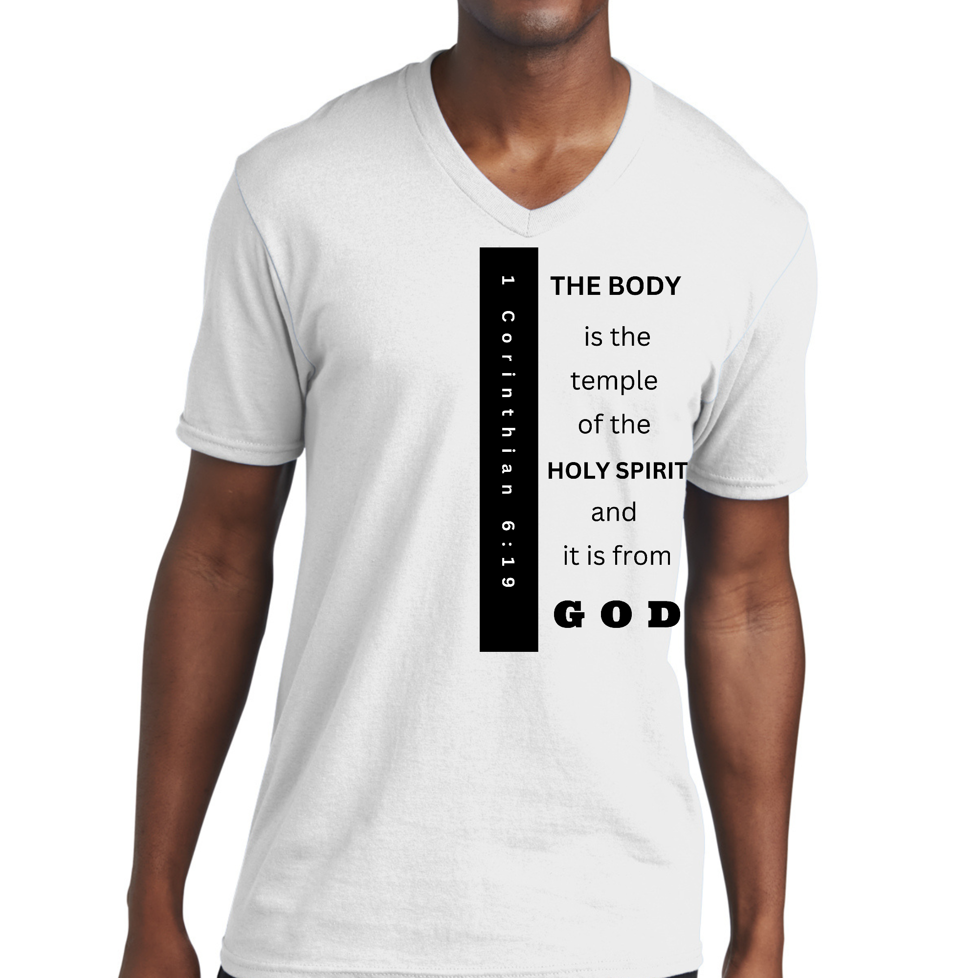Men's black V-neck T-shirt with 'The Body is the Temple' graphic print, made from soft preshrunk cotton.