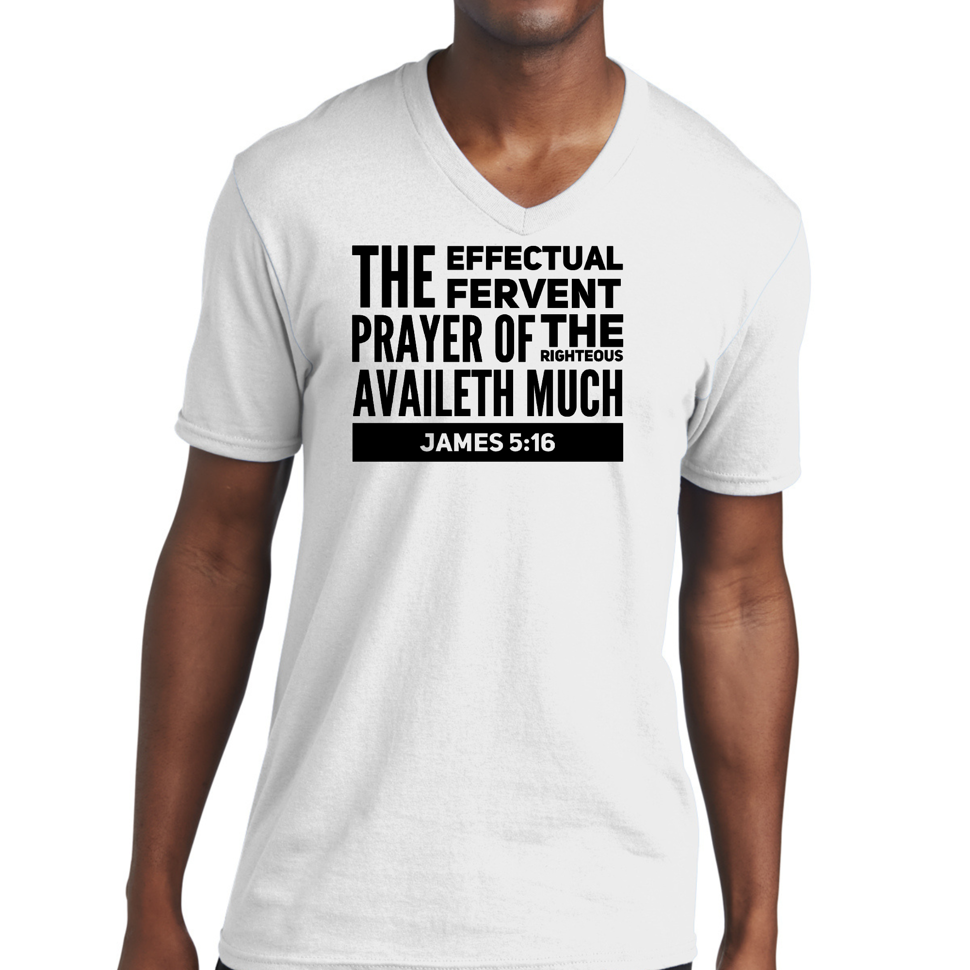 Mens black V-neck T-shirt with Effectual Fervent Prayer print from James 5:16, made of soft preshrunk cotton.
