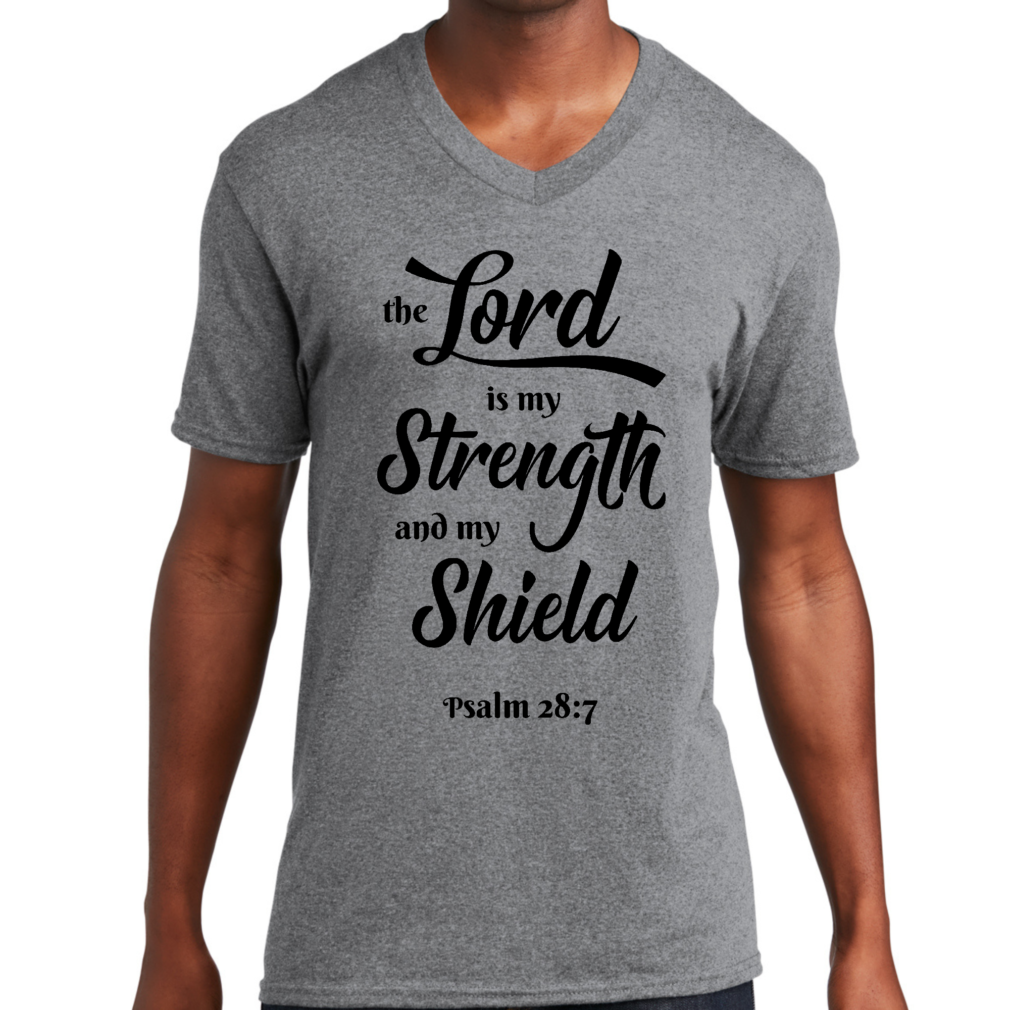 Men's Graphic V-neck T-shirt featuring the phrase 'The Lord is my Strength and my Shield' in bold black print on a stylish design.