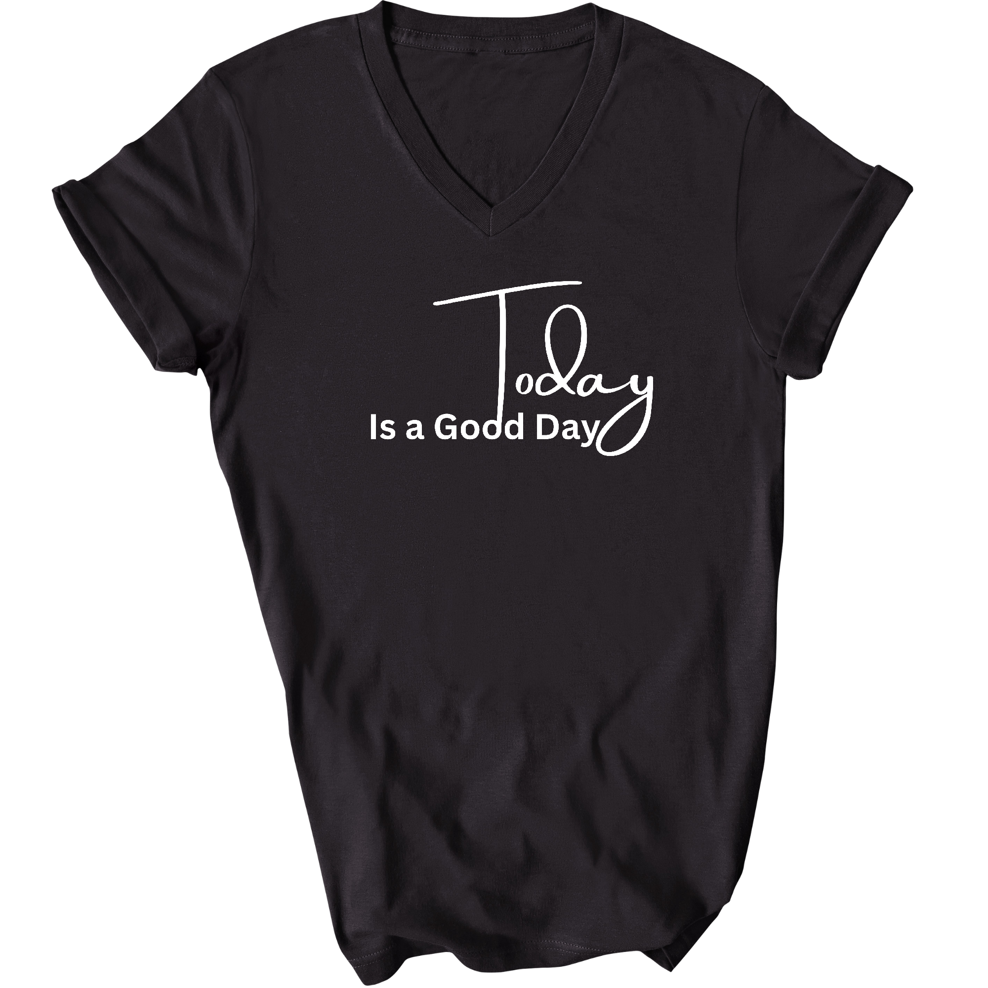 Men's Graphic V-neck T-shirt featuring 'Today is a Good Day' print, made from soft preshrunk cotton, showcasing a modern and stylish design.