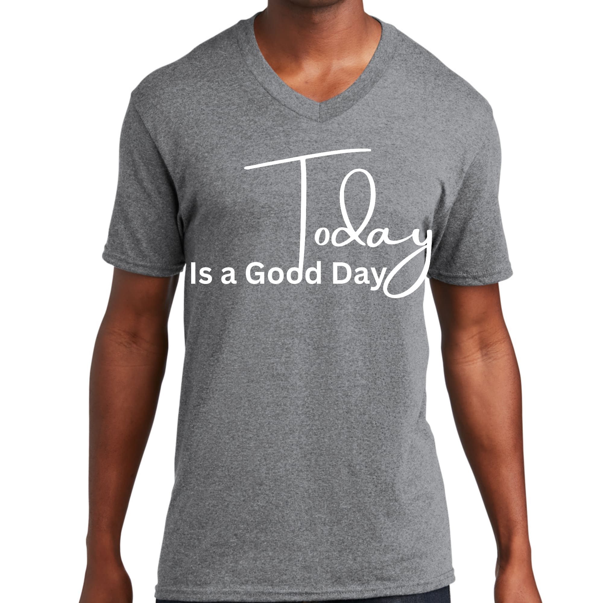 Men's Graphic V-neck T-shirt featuring 'Today is a Good Day' print, made from soft preshrunk cotton, showcasing a modern and stylish design.